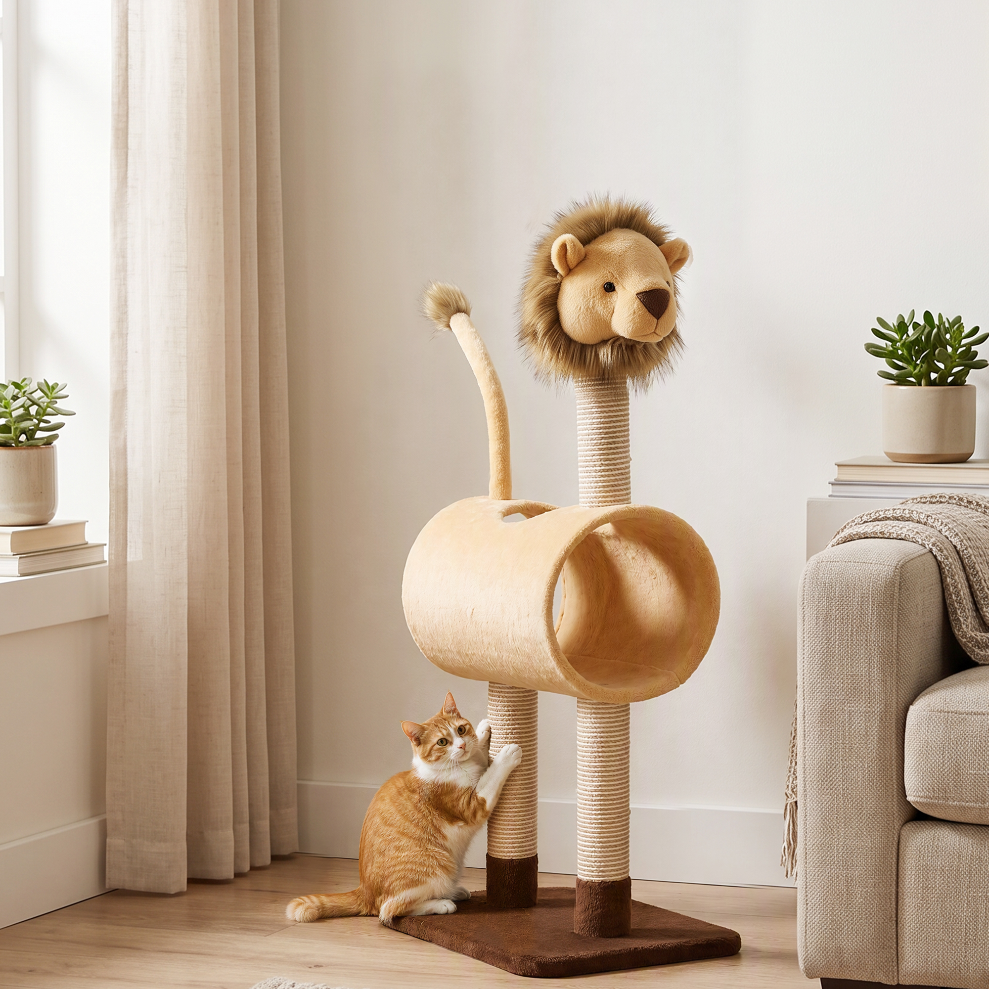 Kratzbaum 104 cm Katzenbaum mit Löwen-Design Kratzpfosten, Tunnel, hängendem Schwanz bis 7 kg, Hellbraun