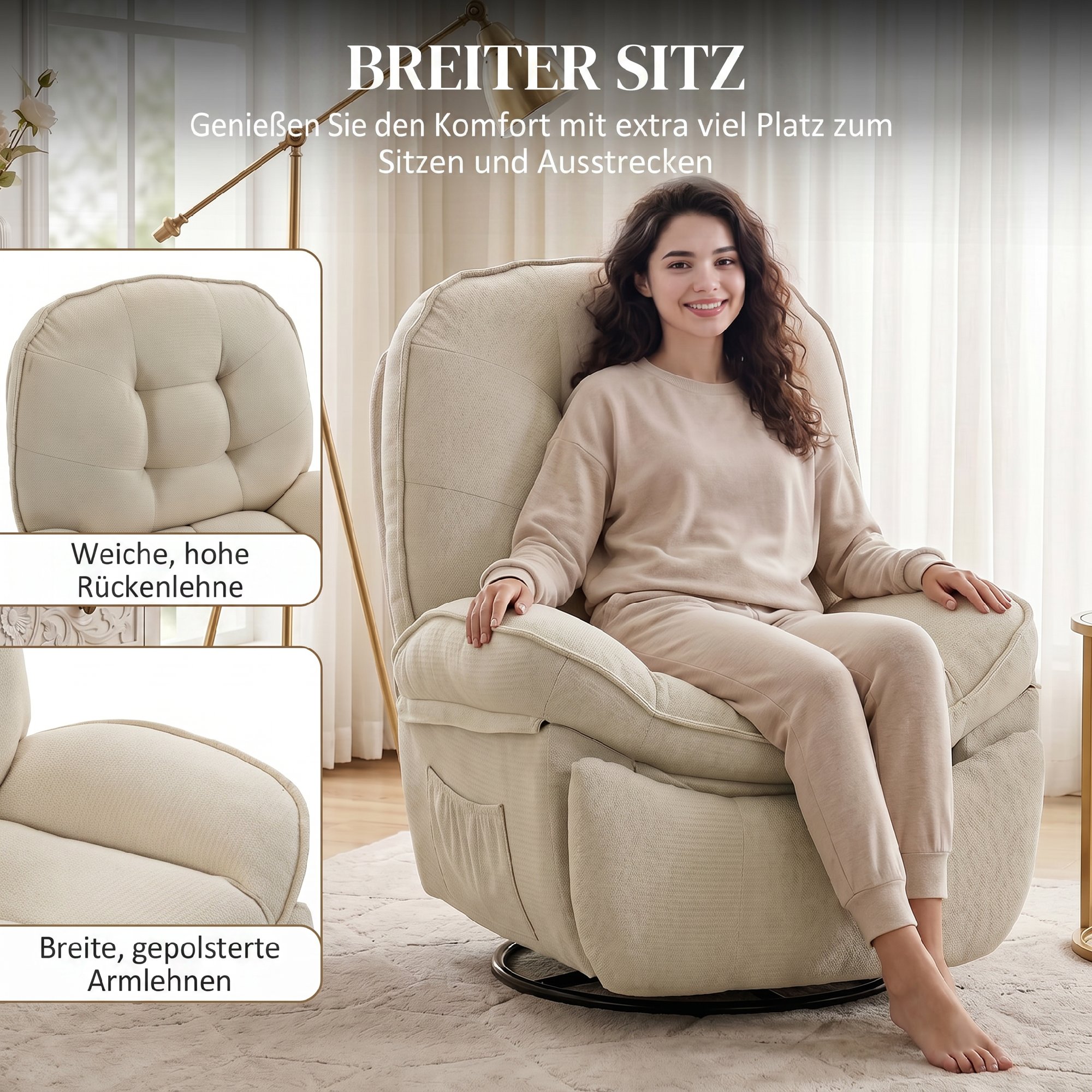 Relaxsessel Fernsehsessel mit Liegefunktion, Drehbarer Ruhesessel mit Wippfunktion, für Wohnzimmer, Schlafzimmer