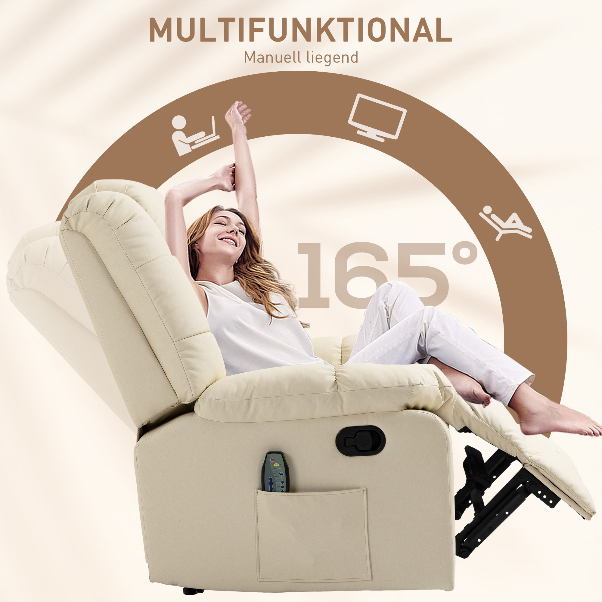 Massagesessel, Relaxsessel, 8 Vibrationspunkte, Liegefunktion, Kunstleder, cremeweiß, 94x99x99cm