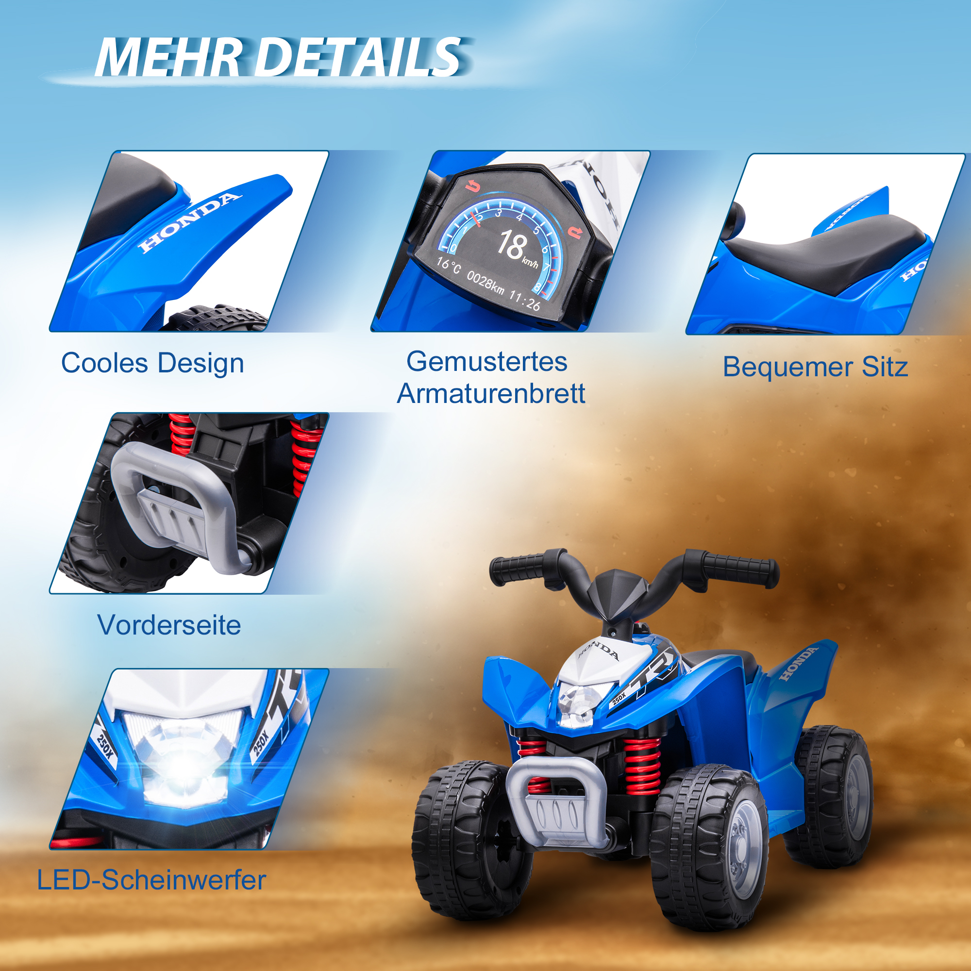 Elektro-Kinderquad, LED-Licht, Hupe, breite Reifen, bequemer Sitz, rutschfeste Griffe, Blau
