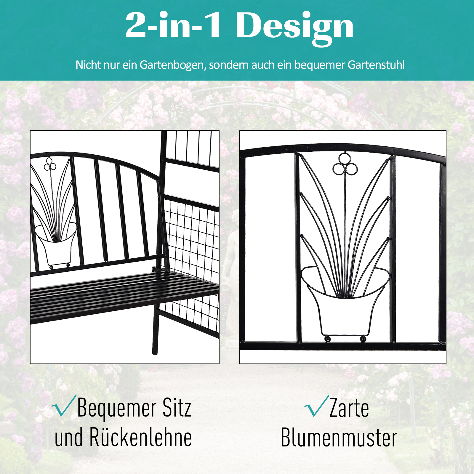 Pflanzbogen mit Bank Sitzbank Torbogen Rankgitter Rankhilfe Garten Bogendach Metall Schwarz 154 x 60 x 205 cm
