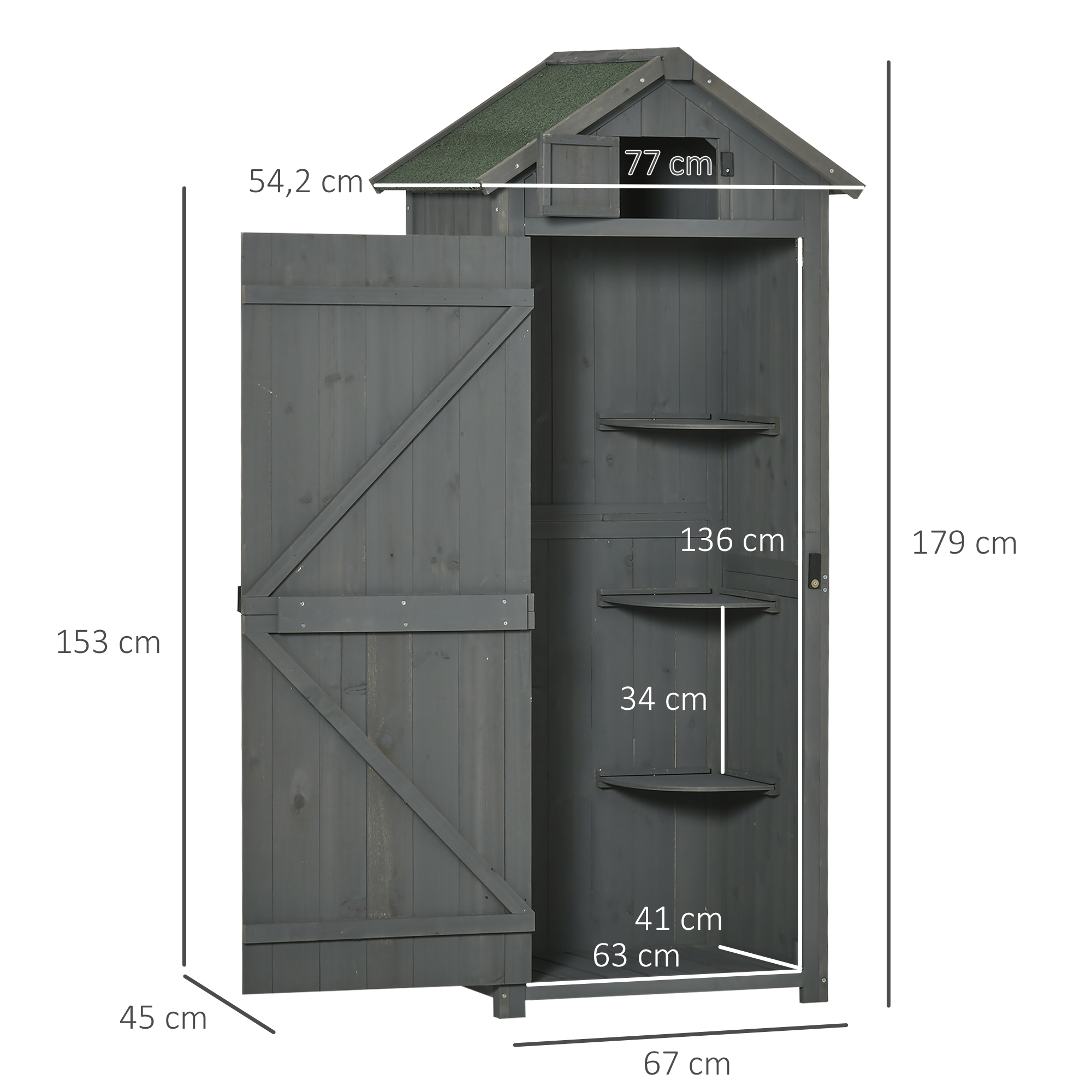 Gartenschrank Holz, Geräteschuppen wetterfest 77x54,2x179cm, Gerätehaus mit Tür, Satteldach, Geräteschrank mit Böden, Werkzeugschrank Gartenschuppen für Garten, Terrasse, Grau+Grün