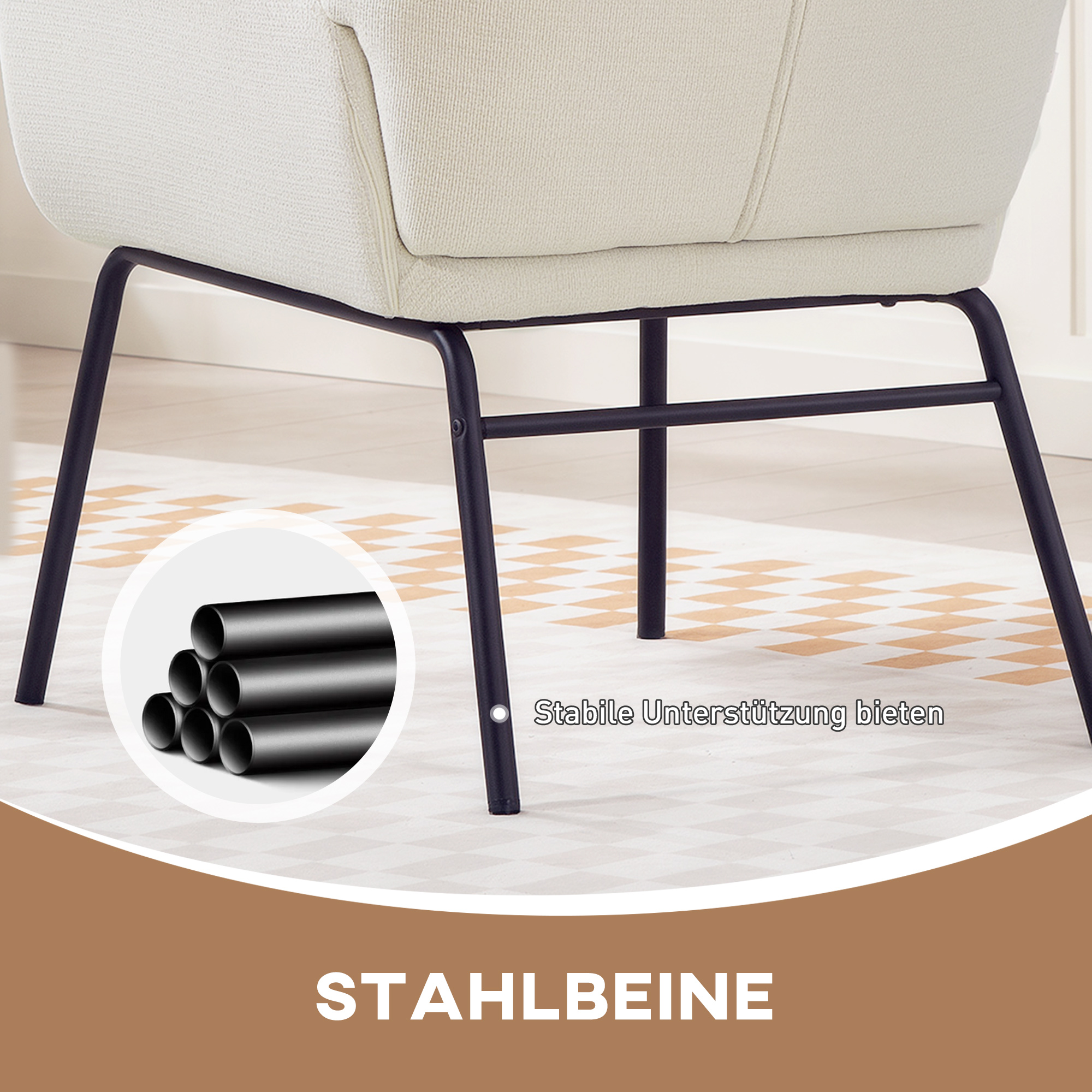 Moderner Polsterstuhl im Ohrenbacken-Stil, hohe Rückenlehne, dicke Polsterung, Stahlbeine, Cremeweiß