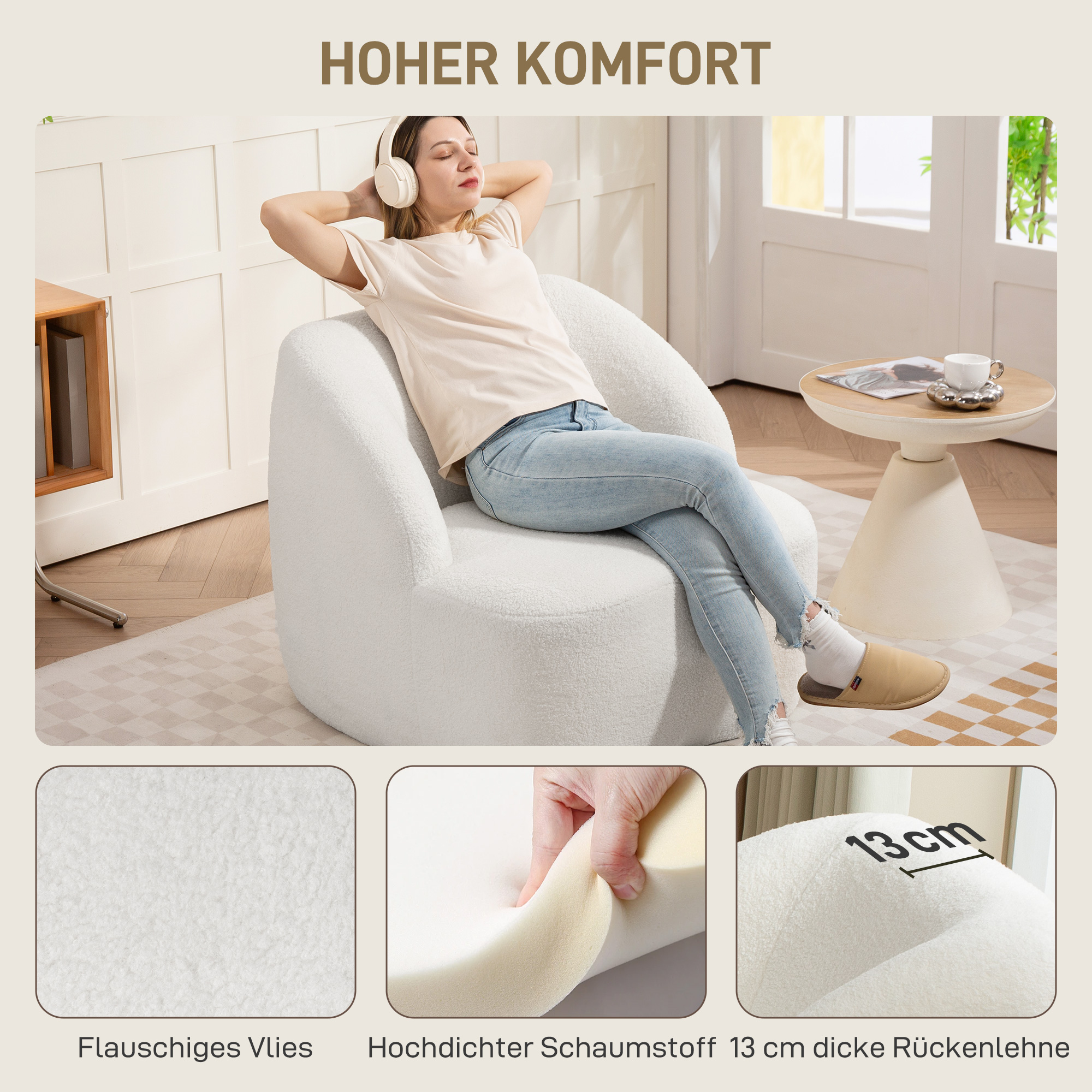 Moderner Sessel mit Fleece-Polsterung, kuscheliger Polstersessel für Wohnzimmer, Schlafzimmer, Homeoffice, Cremeweiß