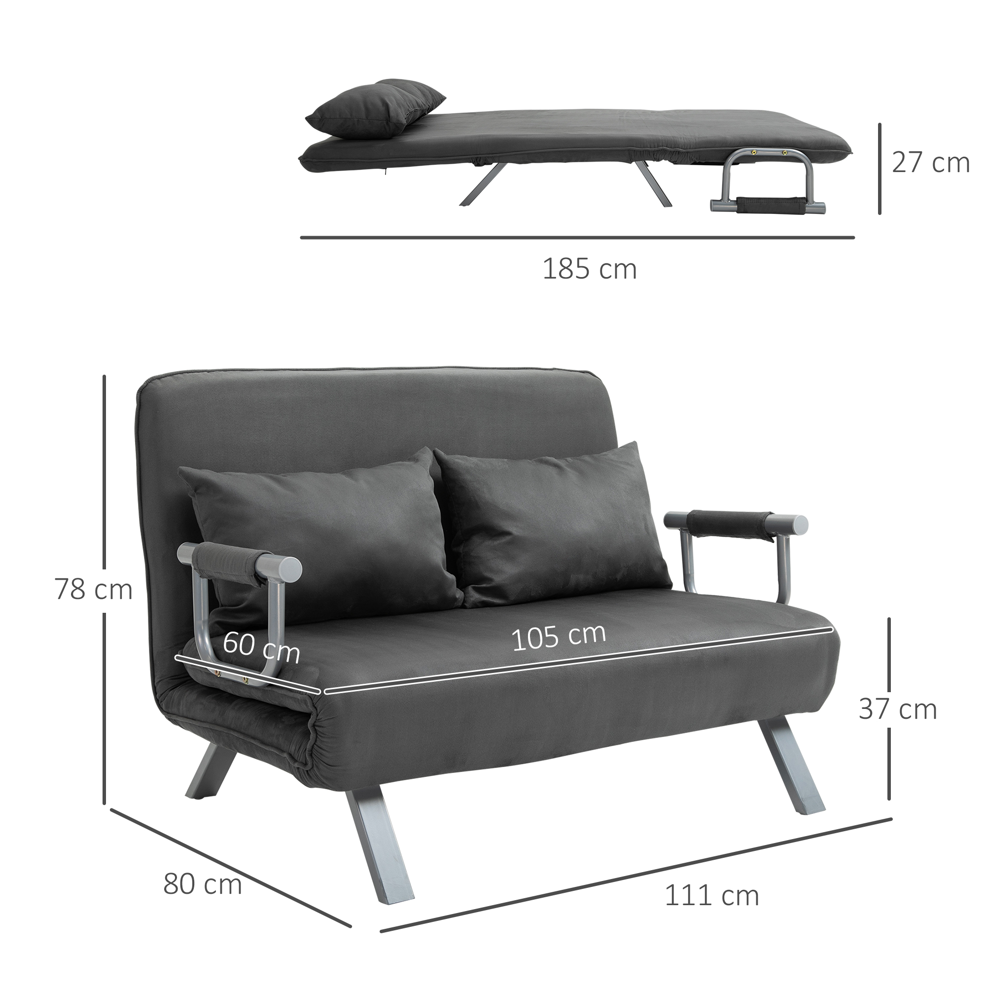 Schlafsofa Schlafcouch mit Verstellbarer Rückenlehne, Wurfkissen, Sofa mit Schlaffunktion, Samtoptik, Armlehne, Gästebett, Klappsessel für Wohnzimmer, Schlafzimmer, Grau