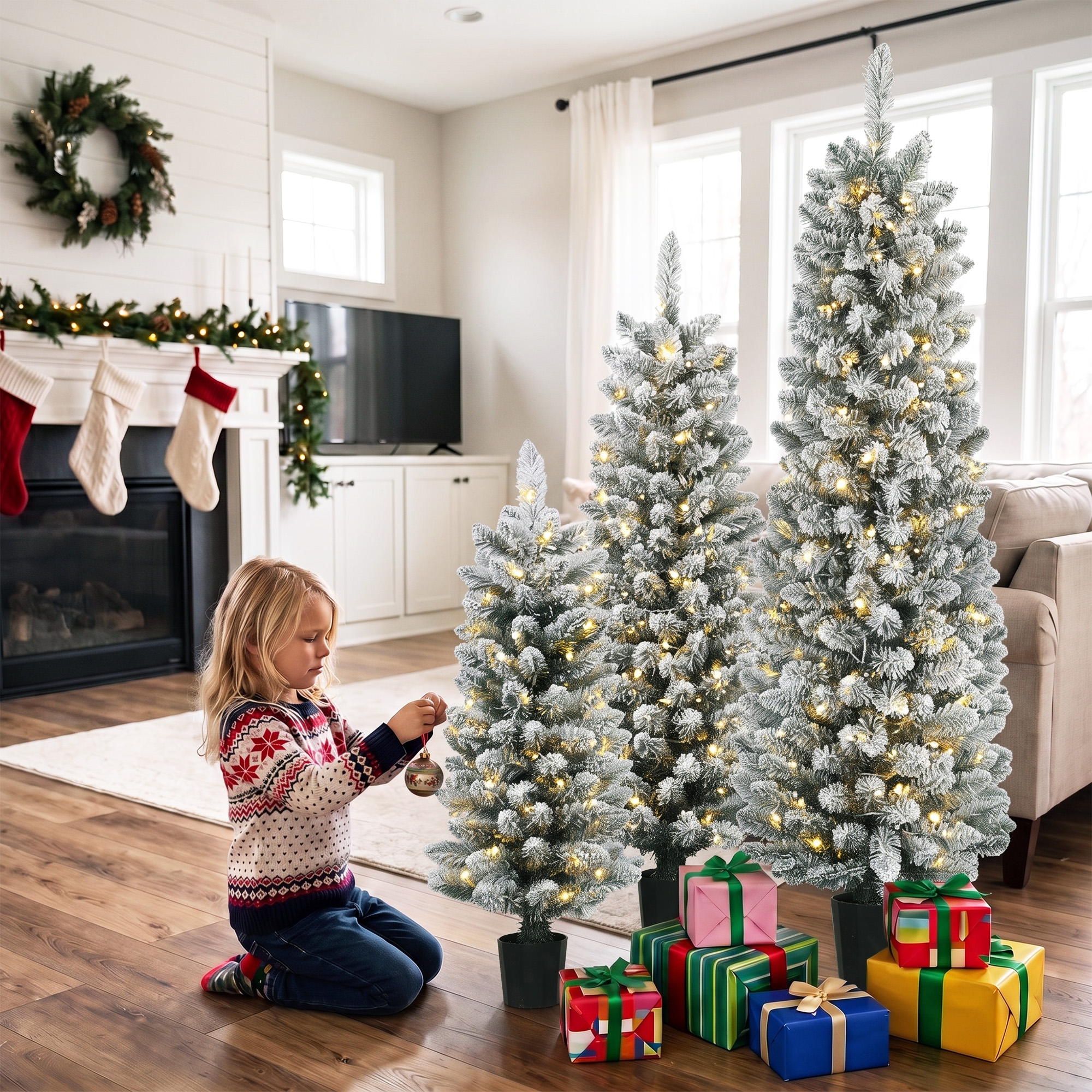 3er-Set schneebeflockte LED-Weihnachtsbäume, schmal, mit PVC-Zweigen, 90/120/150 cm