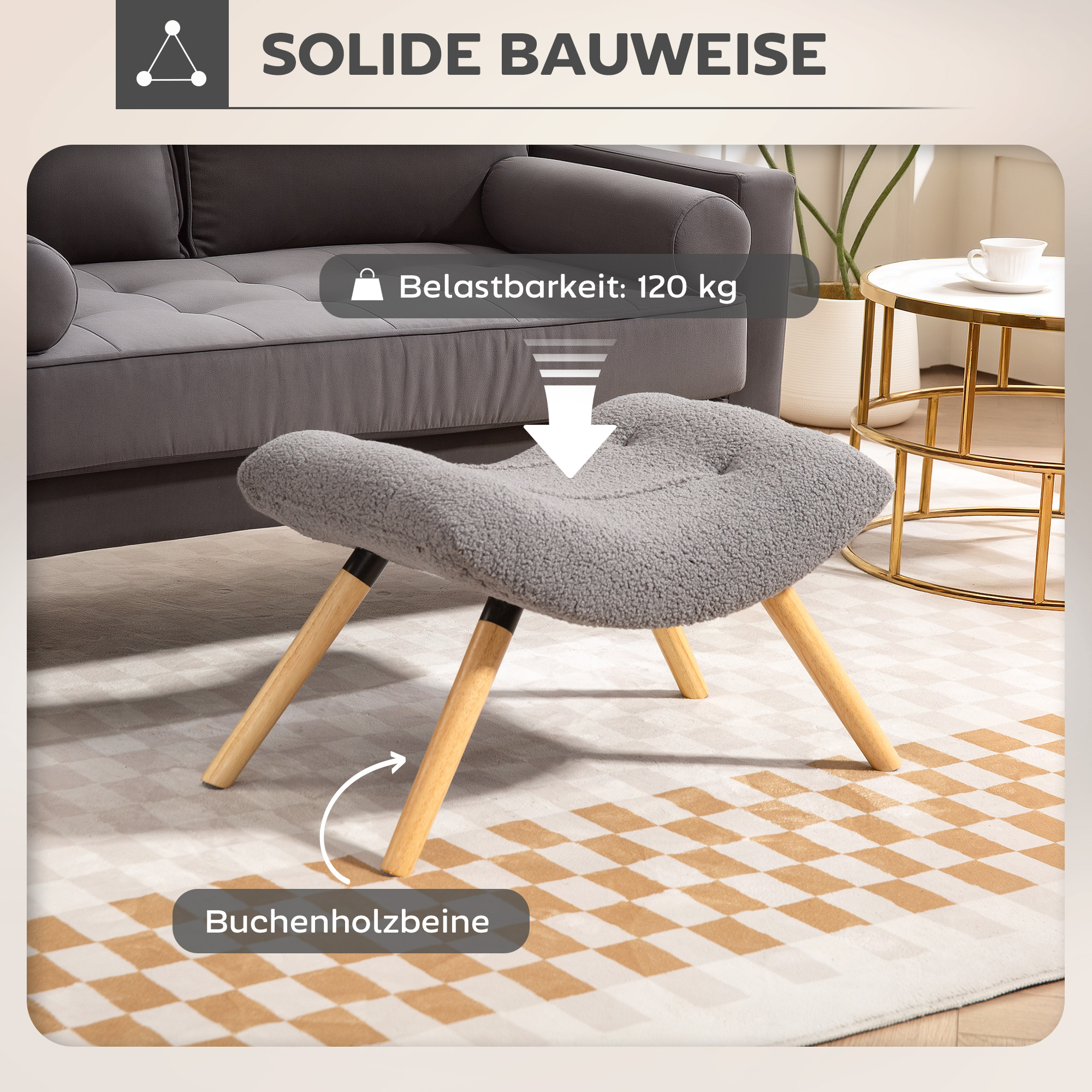 Moderner Fußhocker mit Fleece-Bezug und Holzbeinen, gepolstert, für Wohnzimmer, Schlafzimmer, Flur, Hellgrau