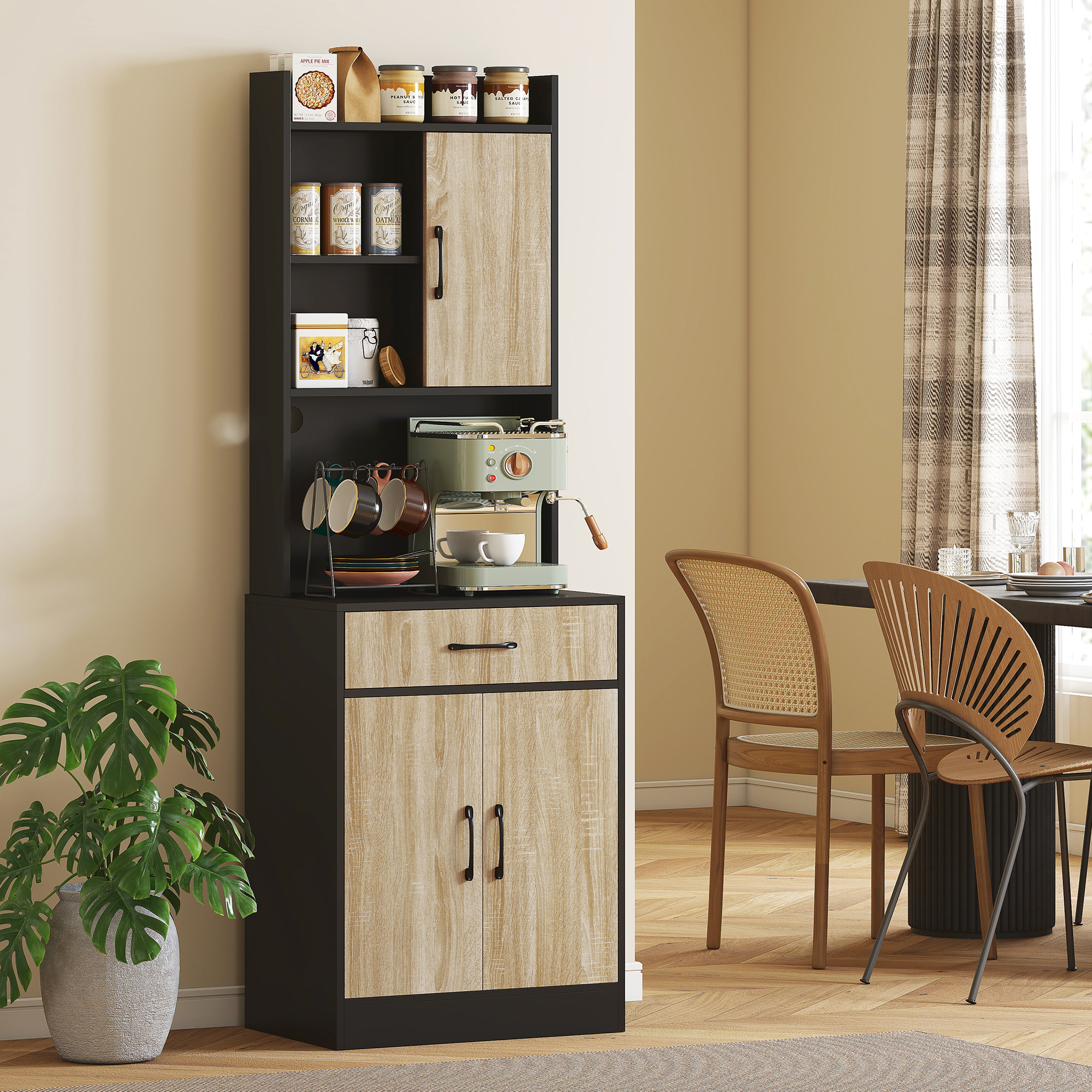 Küchenschrank mit Arbeitsfläche und Kabelloch, moderne Küchenkommode mit Schublade, 3 offene Regale, Naturholz, Schwarz