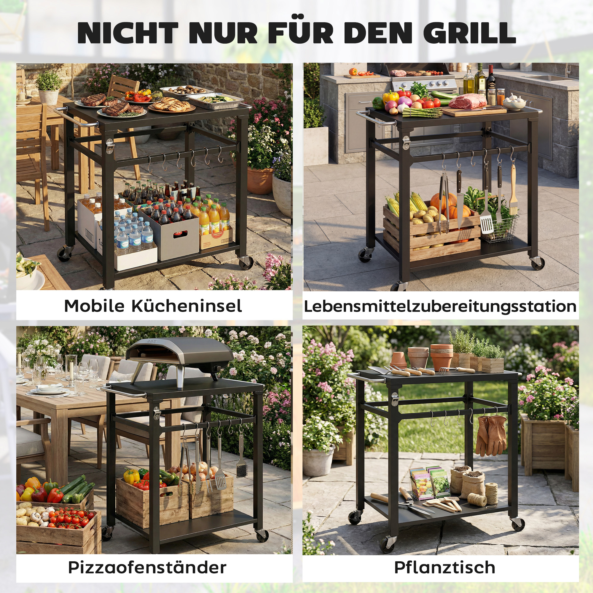 Outdoor-Grillwagen, Pizzaofen-Stand mit Metalloberfläche, 2-stufige rollende Küchenstation mit Haken und Griff, Schwarz