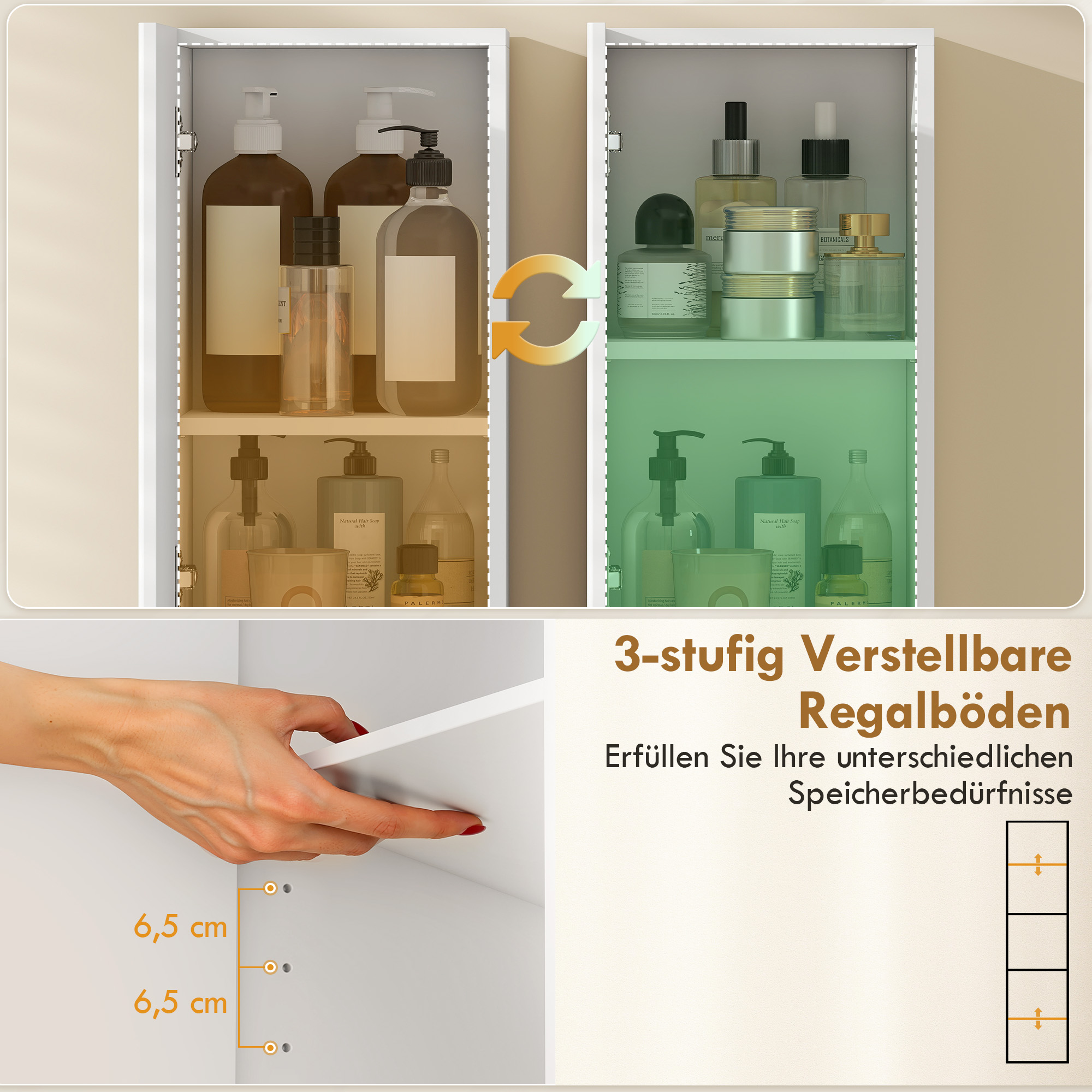Badezimmerschrank, freistehend mit 2 Türen und offenem Regal, Weiß