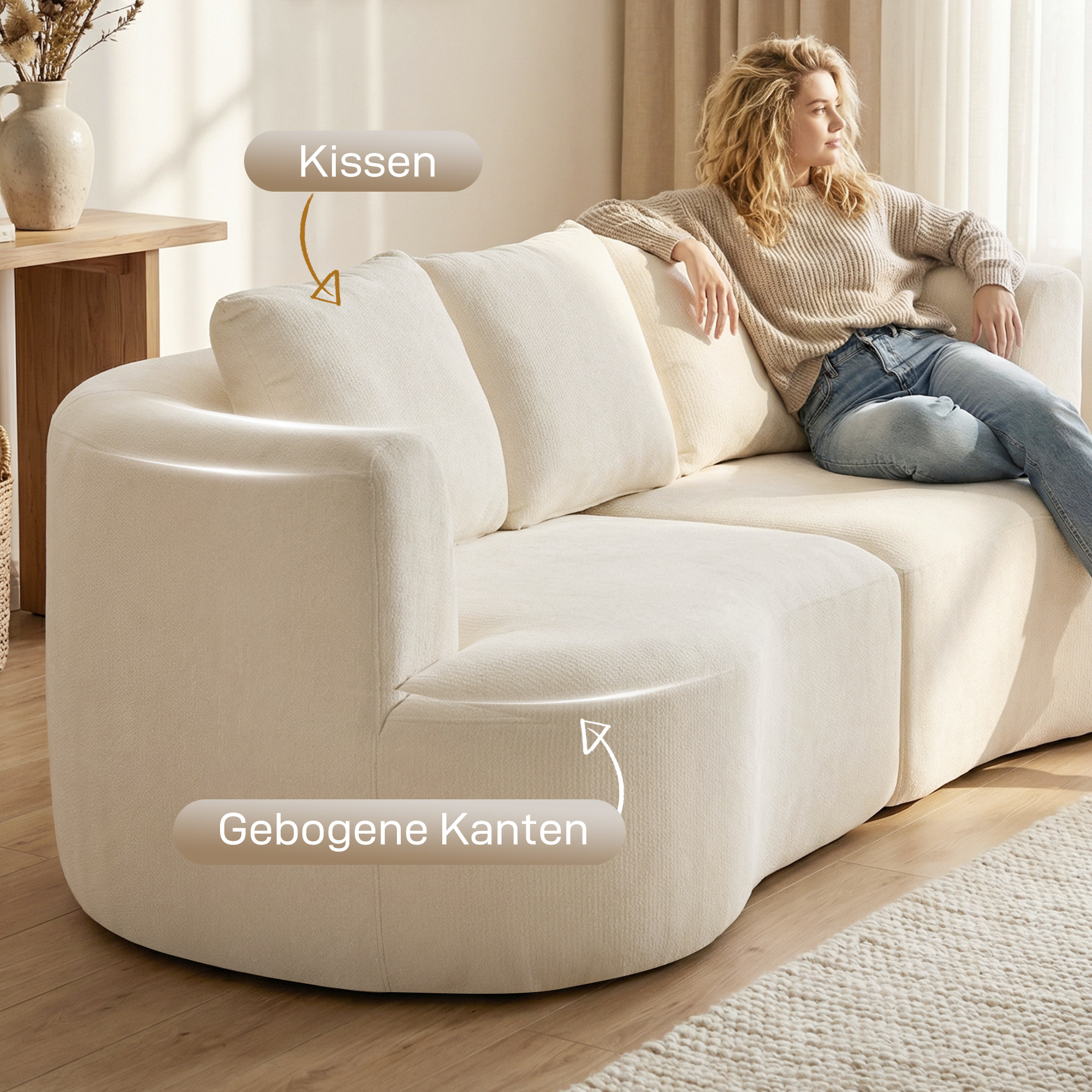 3-Sitzer-Sofa, 260 cm Chenille-Sofa mit breiter Sitzfläche, Federkernpolsterung, hochdichtem Schaumstoff, 3 Kissen, cremeweiß