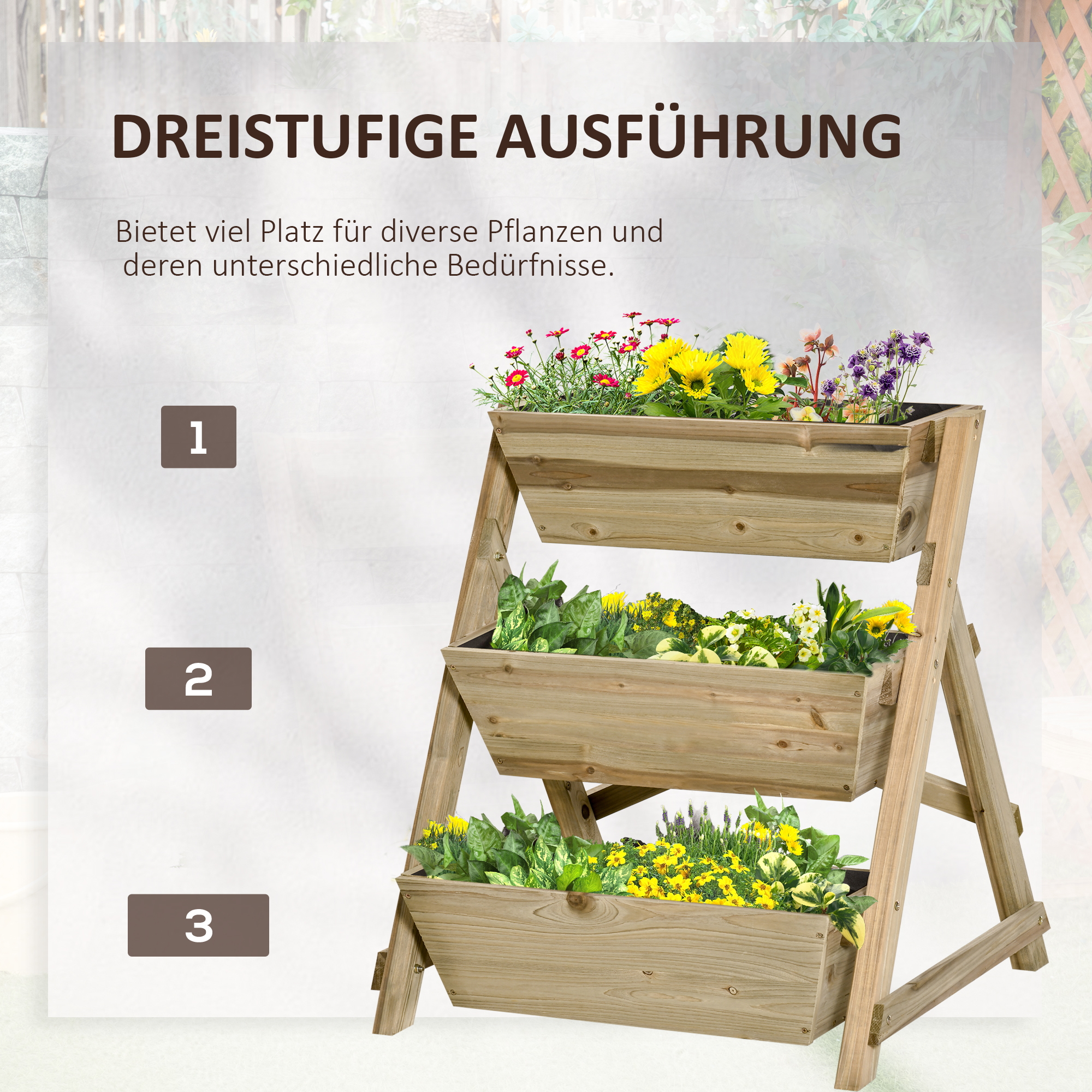 Hochbeet Blumentreppe Holz Blumenleiter mit 3 Ablagen Pflanzentreppe Pflanzregal Pflanzenständer Blumenregal Blumenständer Natur 71 x 61 x 77 cm