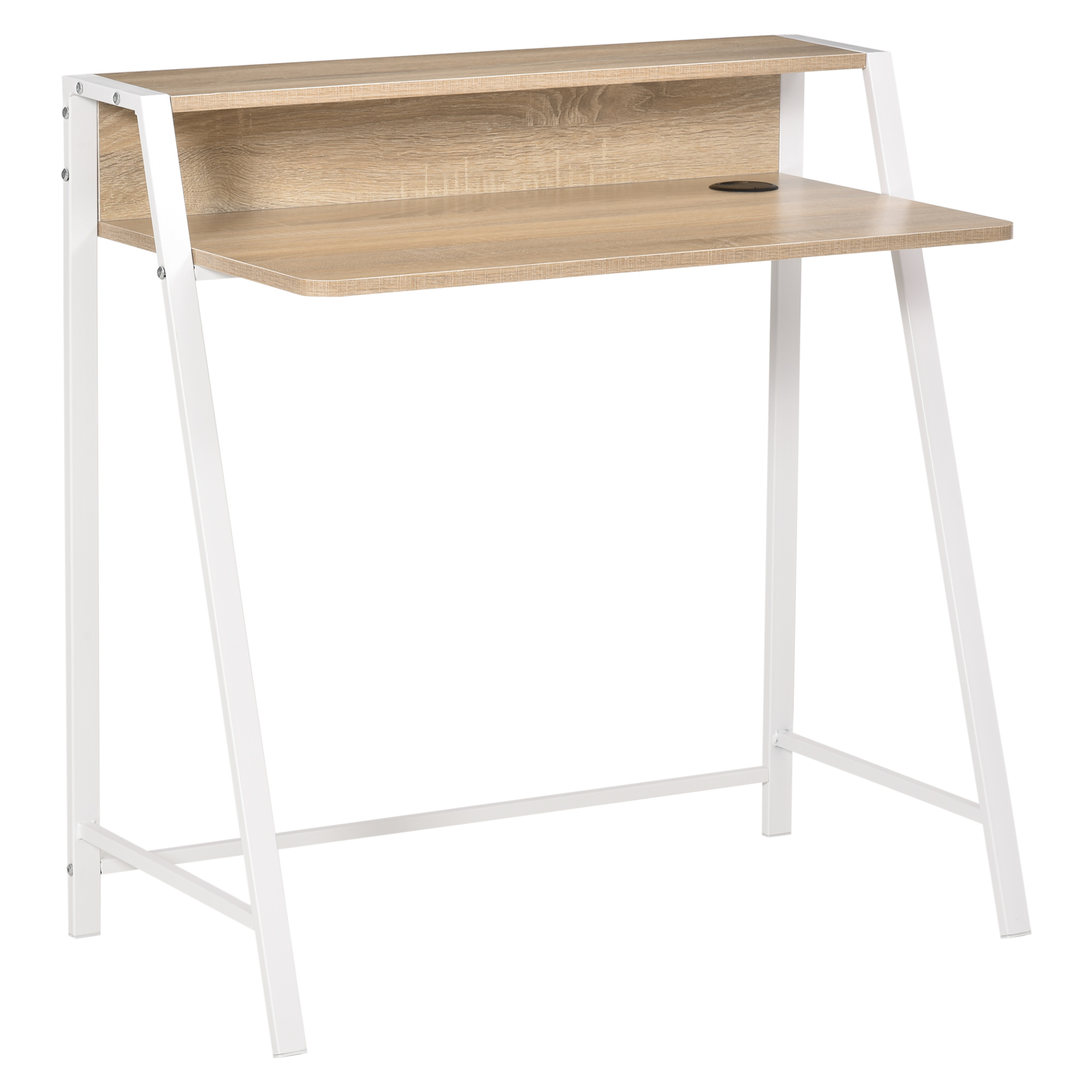 Schreibtisch, Computertisch mit Ablage und Kabel Management, moderner Schreibtisch mit Metallgestell für Arbeitszimmer, Schlafzimmer, Home Office, 84 x 45 x 85 cm, Weiß+Eiche Schreibtisch, Computertisch mit Ablage und Kabel Management, moderner Schreibtisch mit Metallgestell für Arbeitszimmer, Schlafzimmer, Home Office, 84 x 45 x 85 cm, Weiß+Eiche
