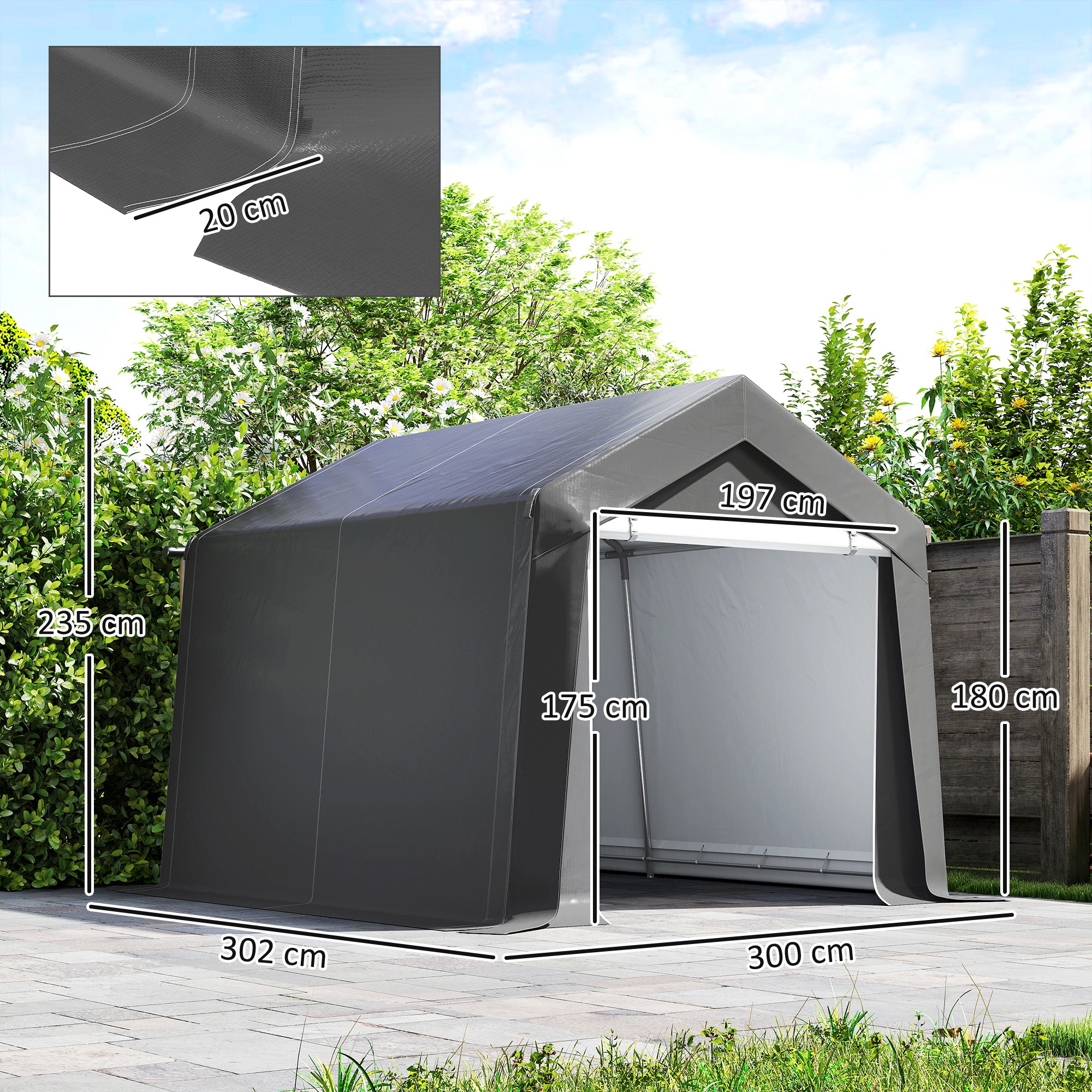 Carport Zeltgarage 3x3 m Wasserdicht Garagenzelt mit Rolltür Belüftungsfenster Verlängerte Kanten Dunkelgrau