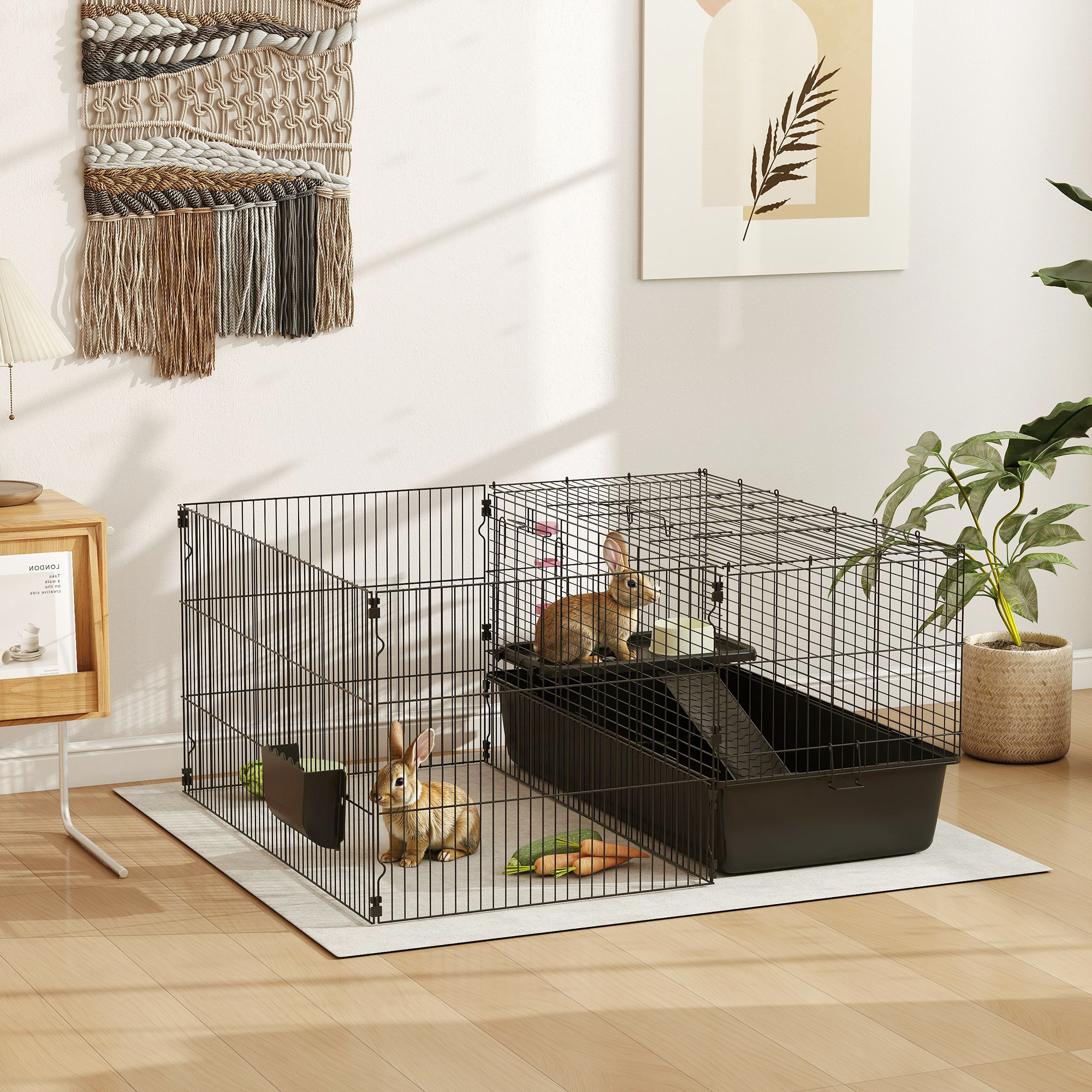 Kleintierkäfig mit abnehmbaren Gehege, Laufgitter mit Stall, inkl. Zubehör, Schwarz
