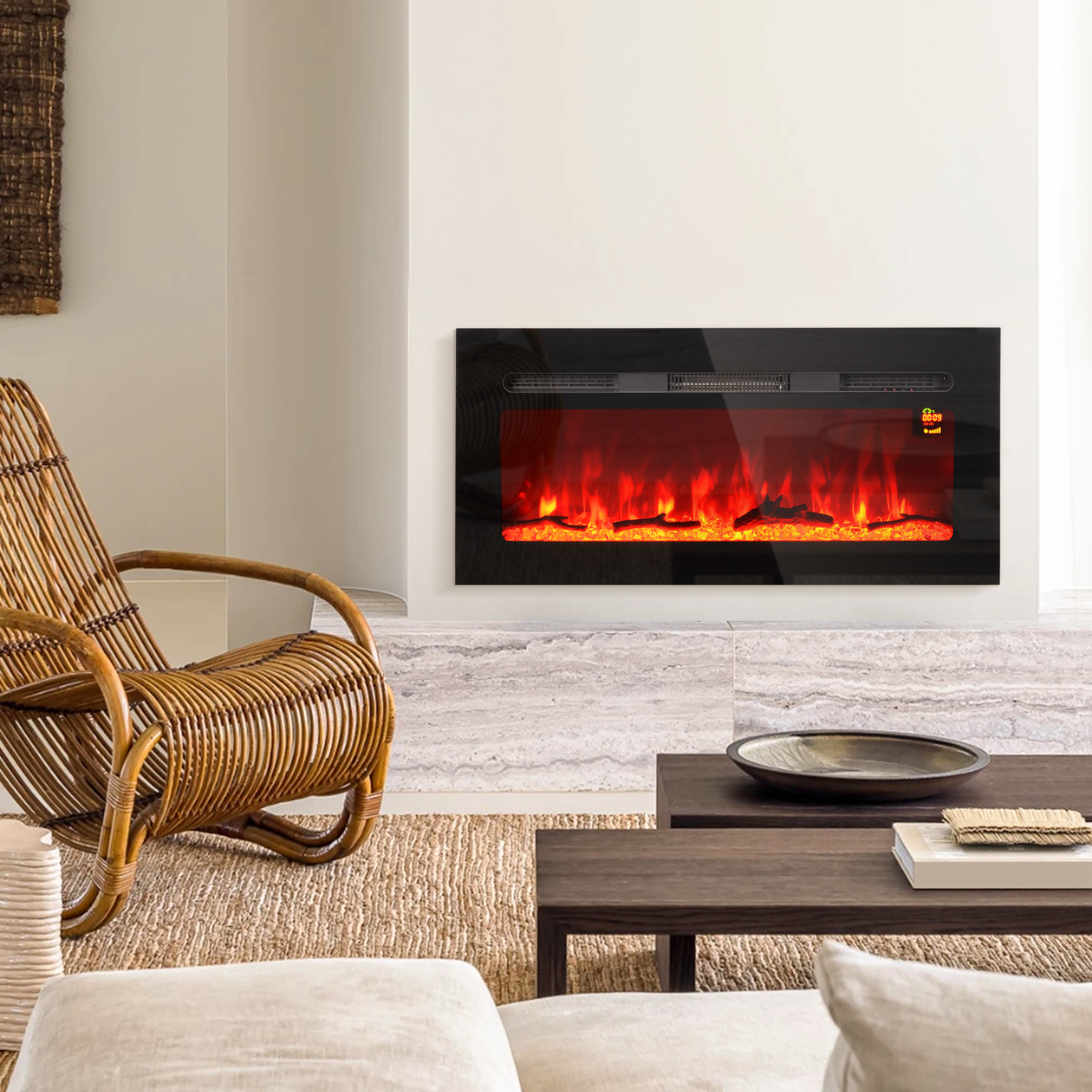 Elektrischer Kamin mit Wandhalterung und Fernbedienung, künstliche Holzscheite und Kristalle, 1800W Leistung, Schwarz