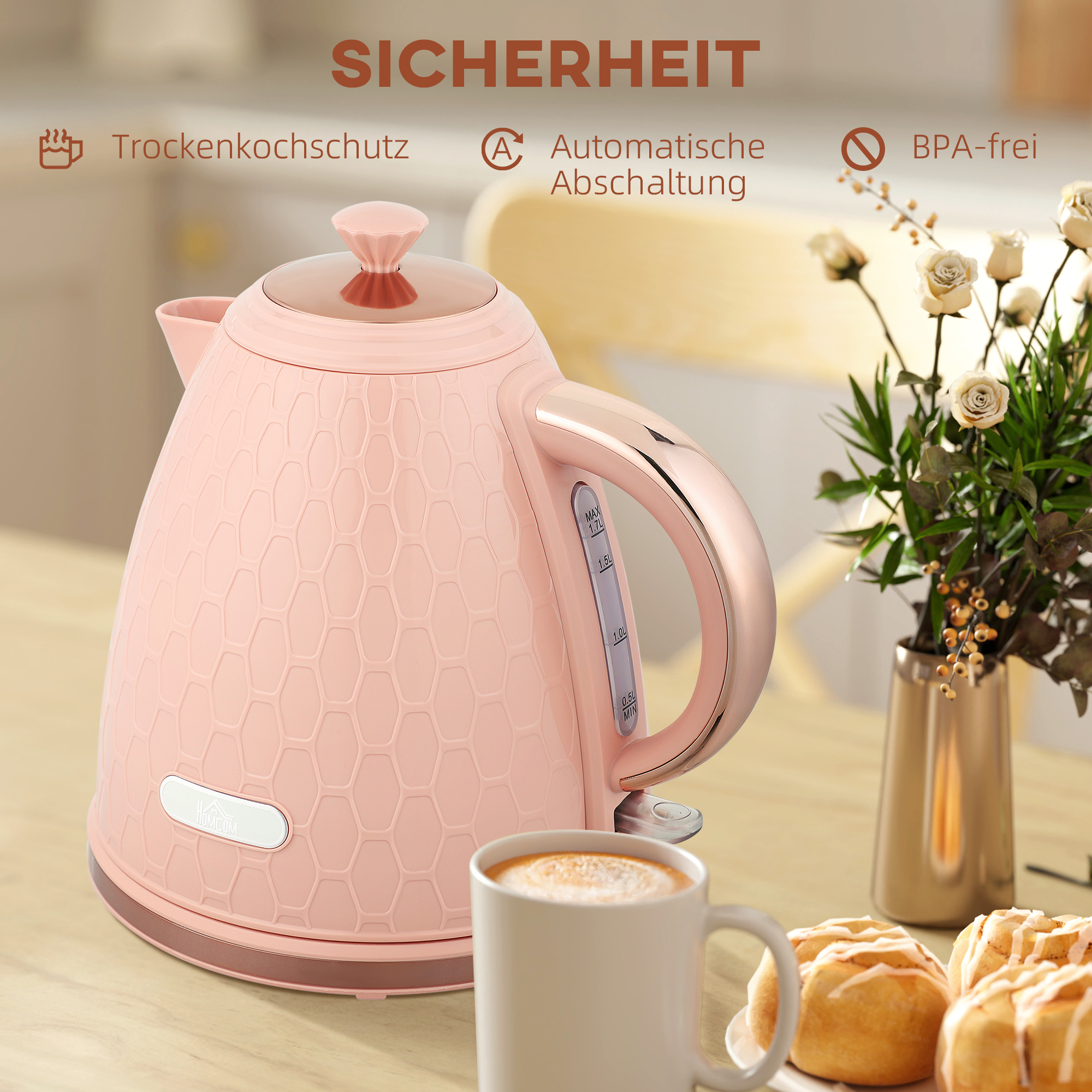 Elektrischer Wasserkocher, 1,7L, Schnellkochfunktion, 2,2kW, Kabellos mit herausnehmbarem Anti-Kalk-Filter, Hellrosa