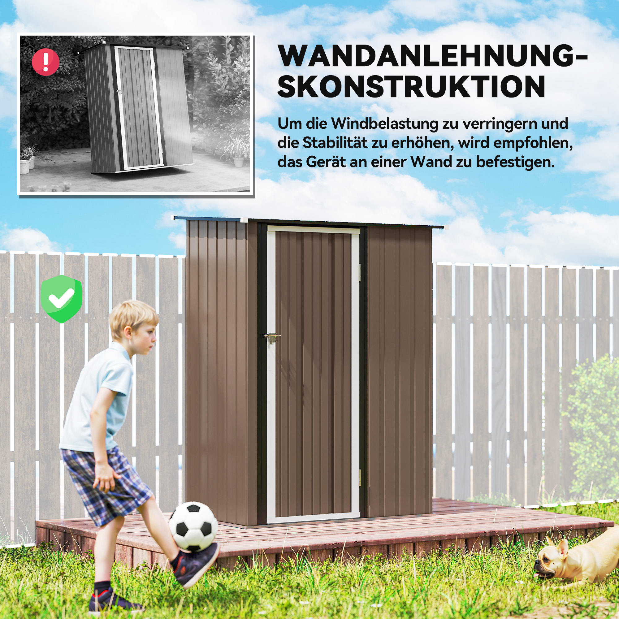 Gerätehaus 1,07 m² mit Schrägdach, 142 x 84 x 189 cm Geräteschuppen mit abschließbar Tür, Gartenhaus, Stahl, Braun