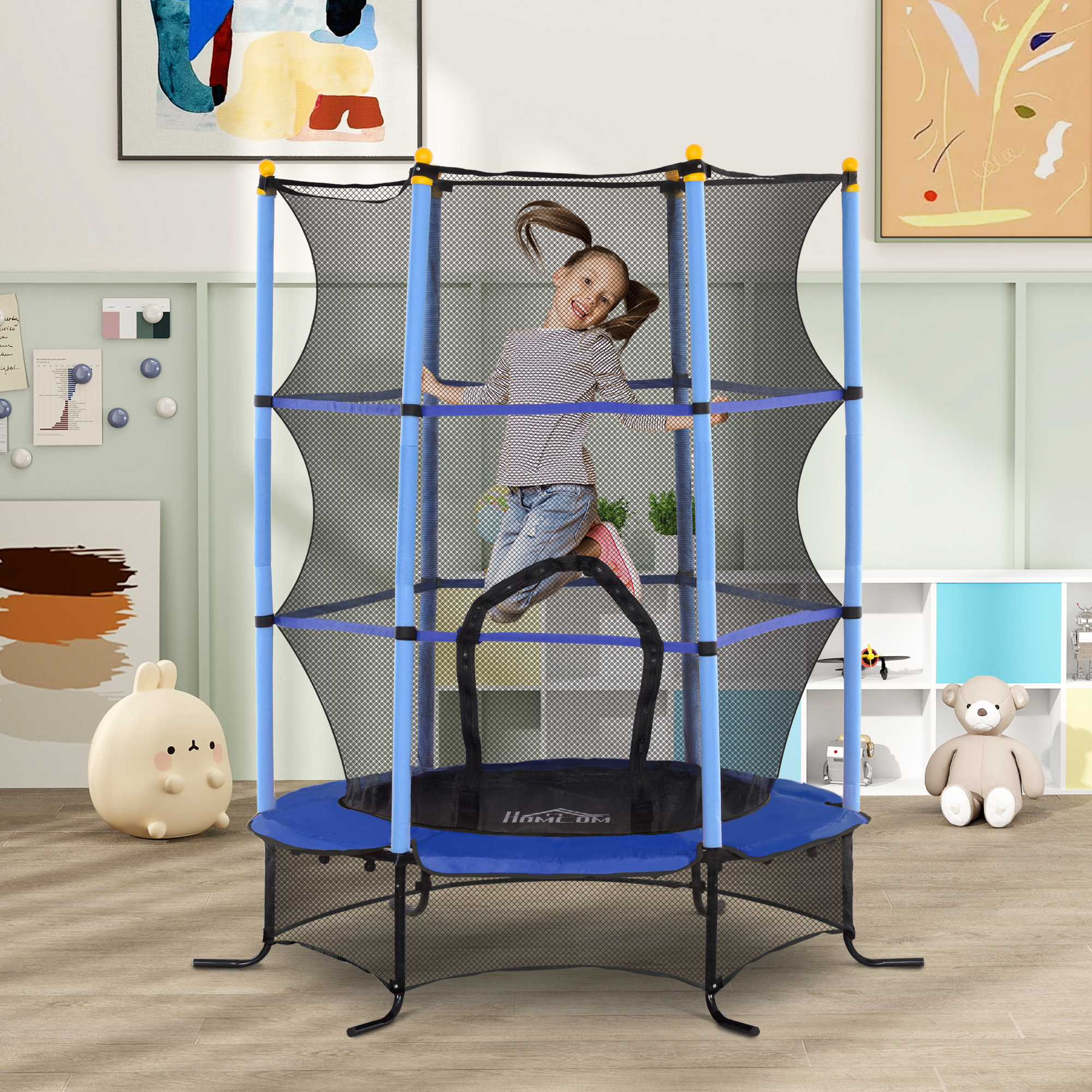 Trampolin für Kinder, Ø163 cm, mit Sicherheitsnetz, In- und Outdoor, Belastung bis 50 kg, Stahl, Kunststoff, Blau