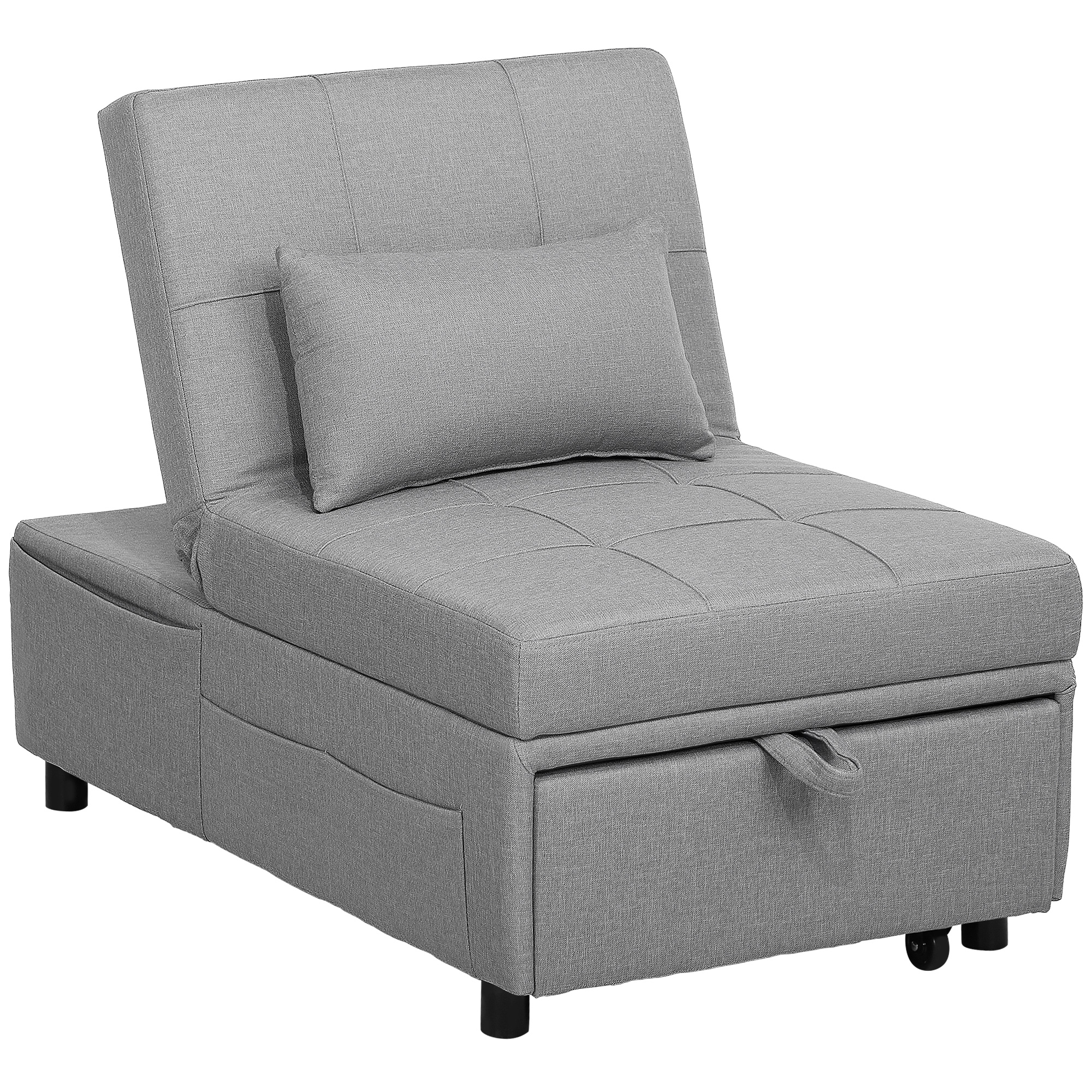 3-in-1 Klappsessel mit Seitentasche, Gästebett mit Kissen, Verstellbarer Rückenlehne, Bettsessel mit Rollen, Hellgrau