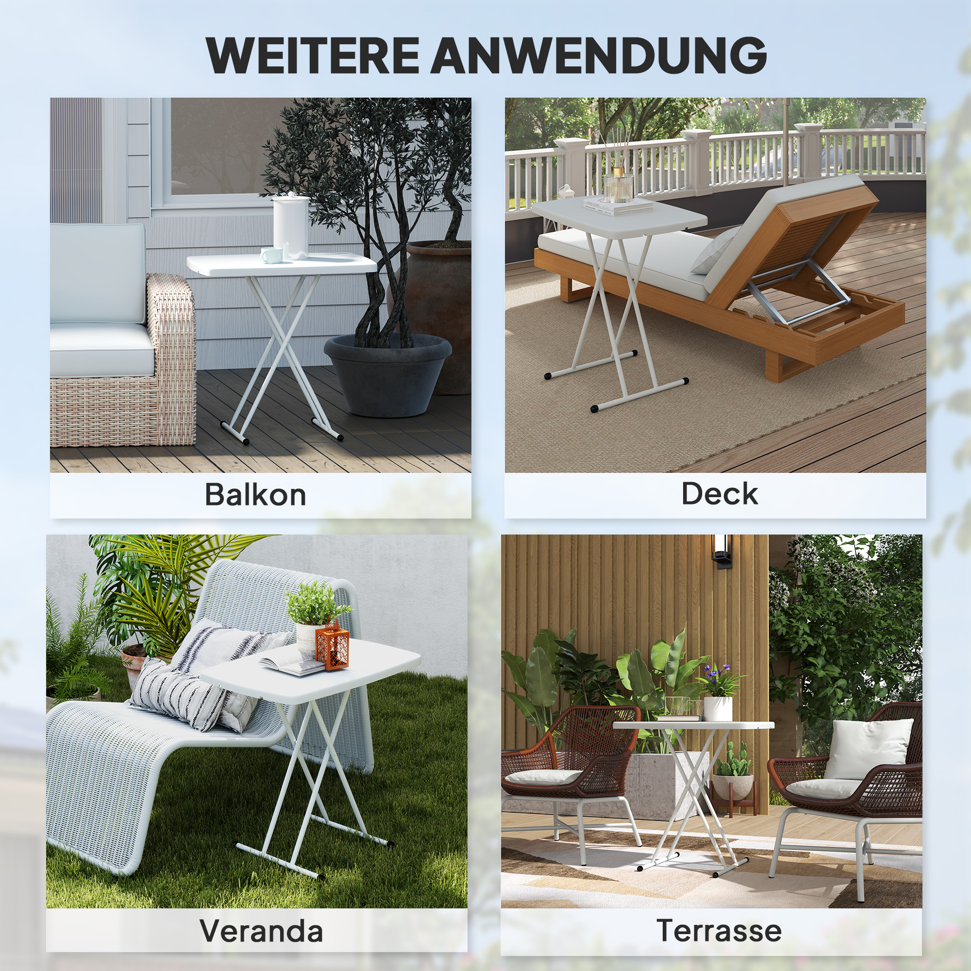 Gartentisch, Tragbarer Tisch für den Außenbereich aus Kunststoff und Metall, Bistrotisch, für Terrasse, Garten, Weiß