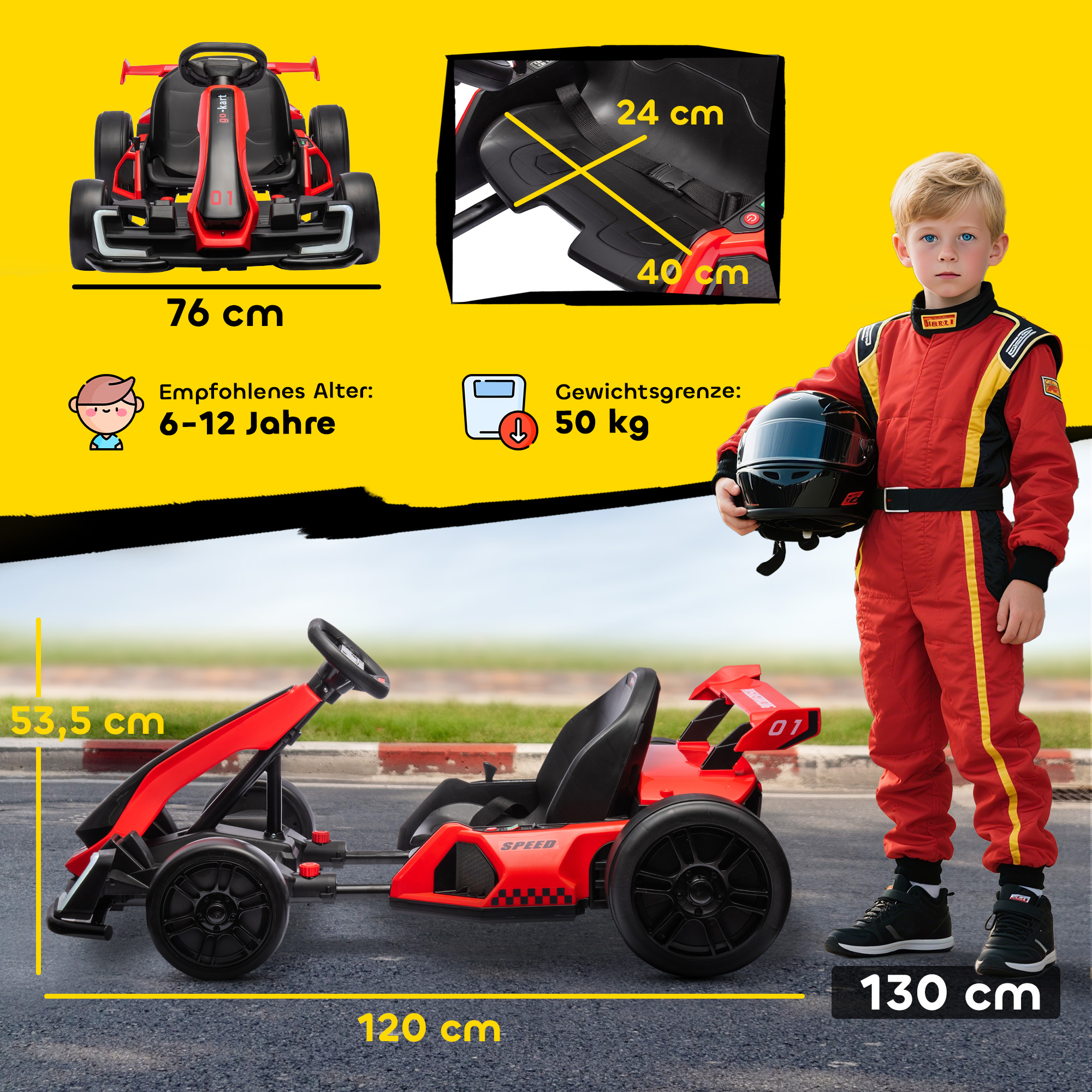 Go-Kart für Kinder, Elektro-Kart mit Hupe und Musikfunktion, verstellbarer Sitz, bis 12 km/h, Kunststoff, Metall, Rot