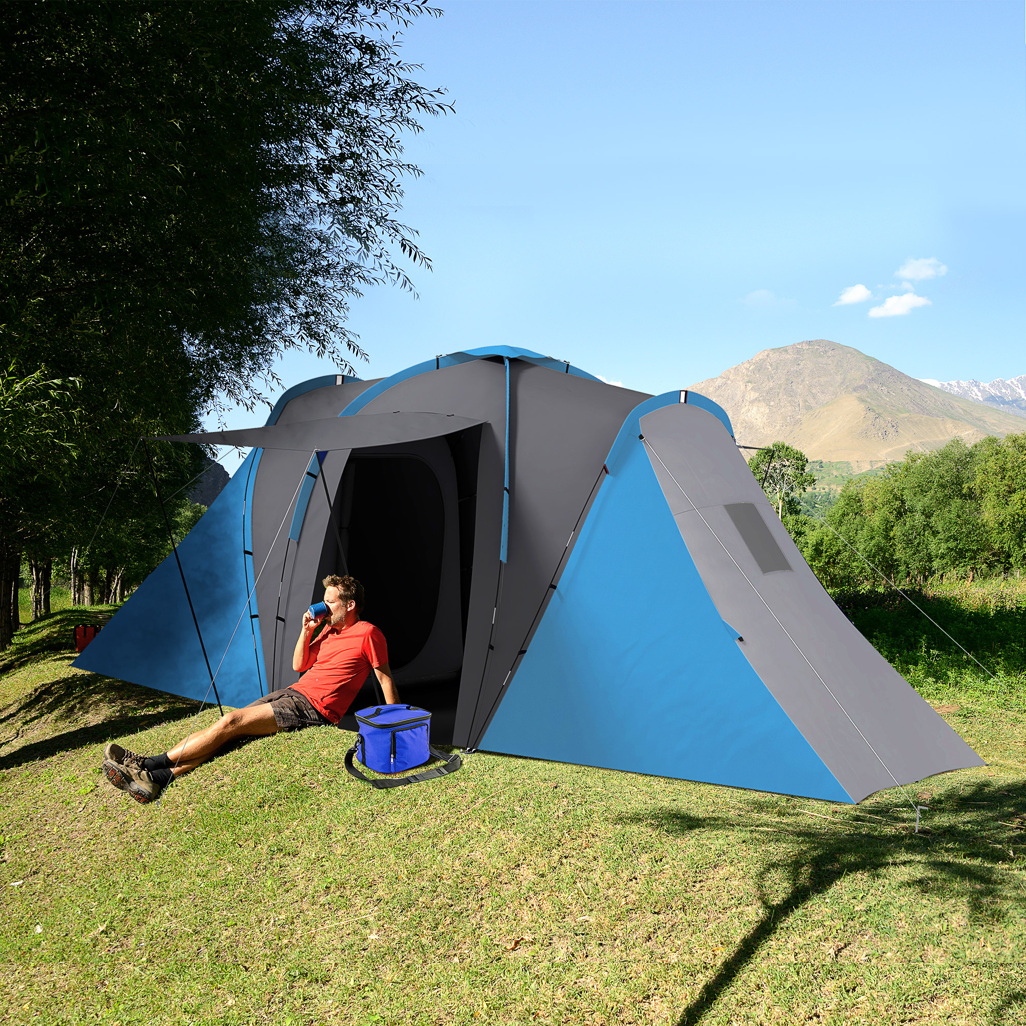 Tunnelzelt, 2000mm Wasserabweisend Campingzelt für 4-6 Personen, mit 2 Schlafzimmern Wohnbereich Tragetasche Grau+Blau