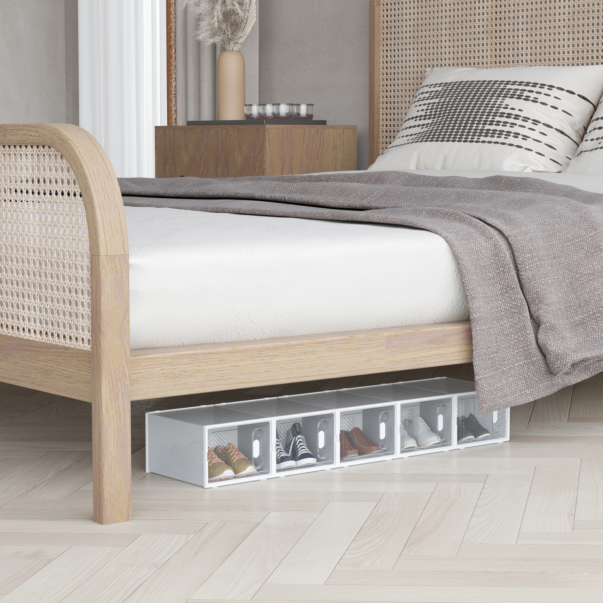 8-teiliges Schuhregal, stapelbare Schuhboxen für Schuhe bis Größe 46, magnetische Türen, Kunststoff, 28 x 36 x 21 cm