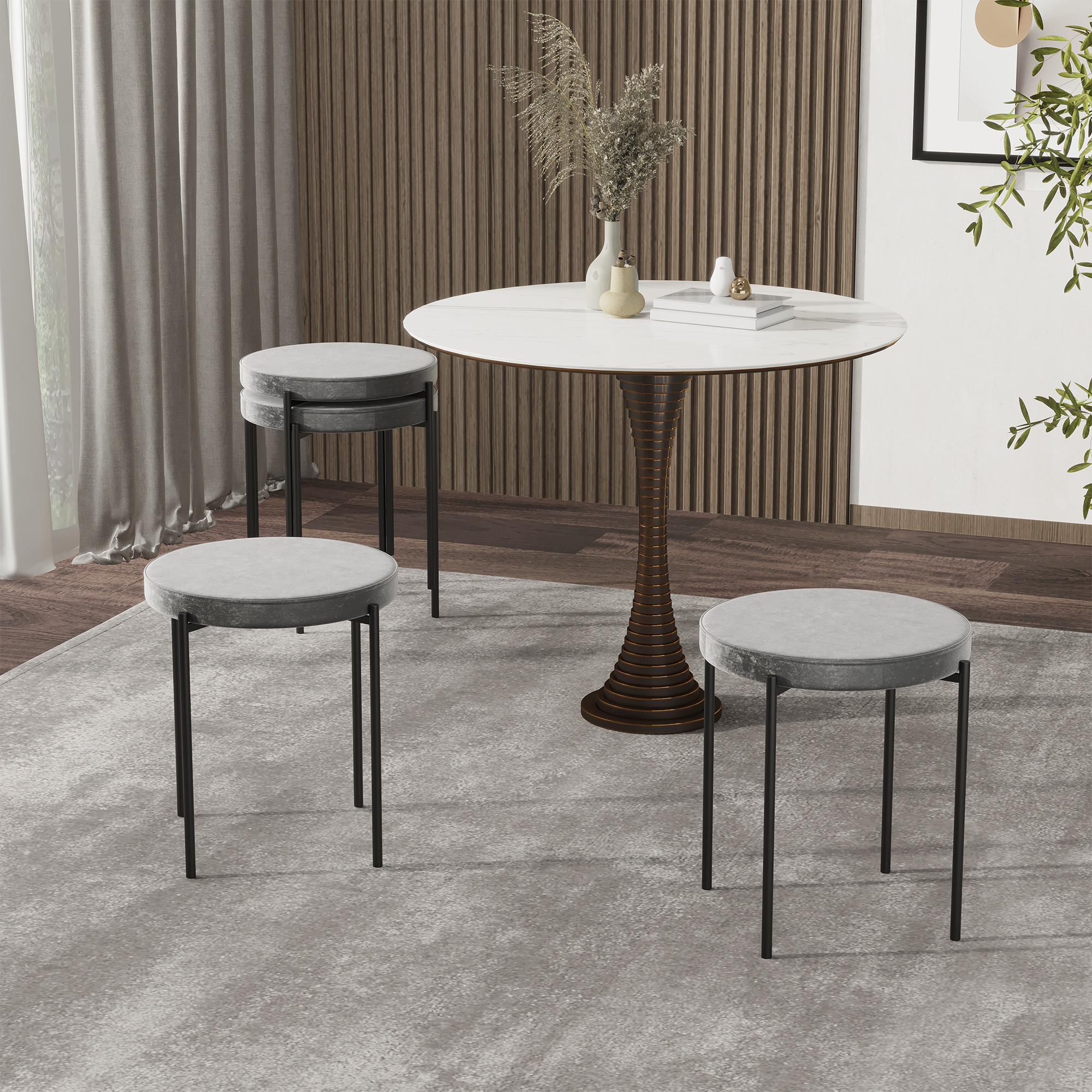 4er-Set Esszimmerhocker Stapelbar Esszimmerstühle Küchenstuhl mit gepolstertem Sitz, Samtoptik Sitzhocker Samt für Küche Esszimmer Metall Grau 41,5 x 41,5 x 46 cm
