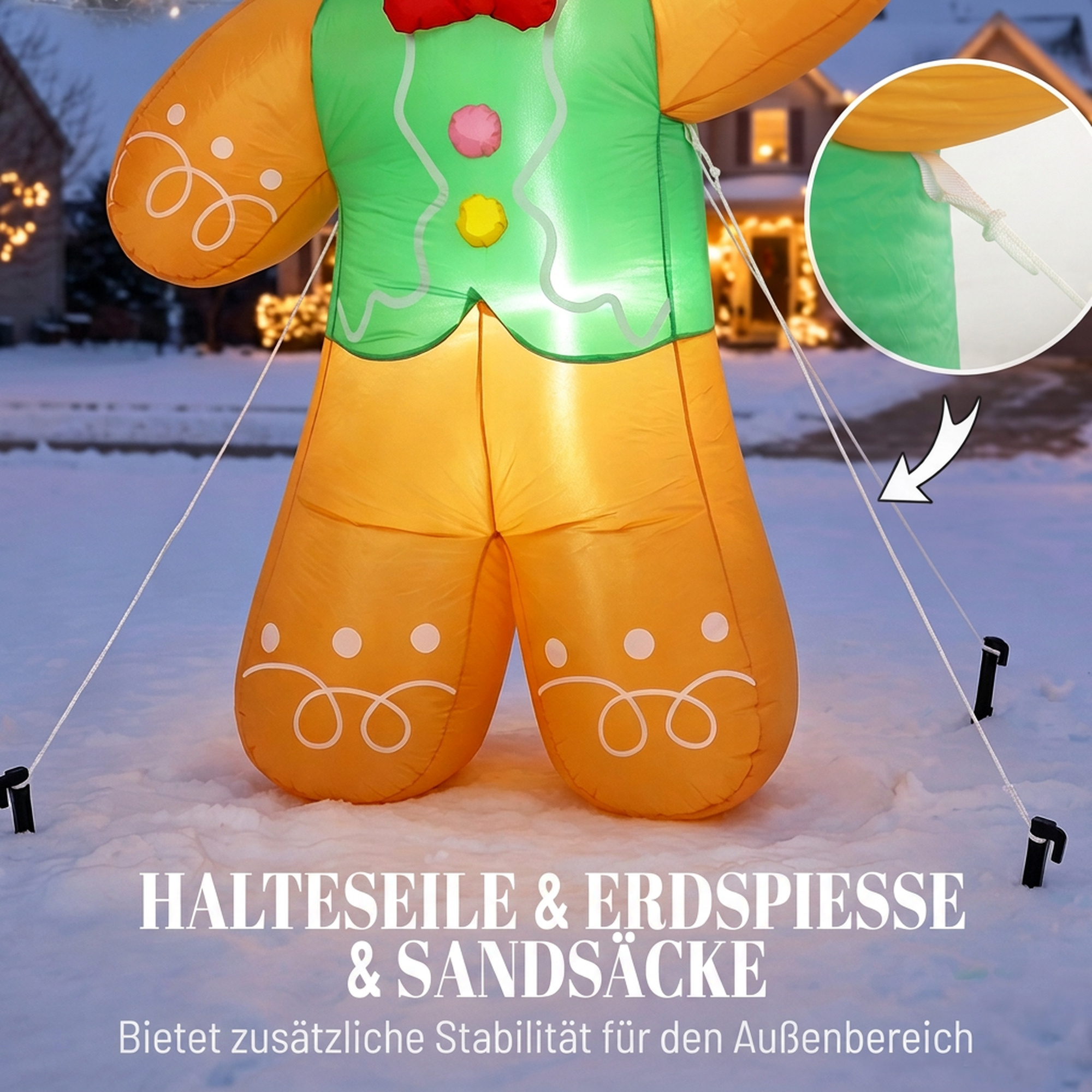 Aufblasbarer Weihnachts-Lebkuchenmann, 250 cm, mit Geschenkbox und LEDs, für außen