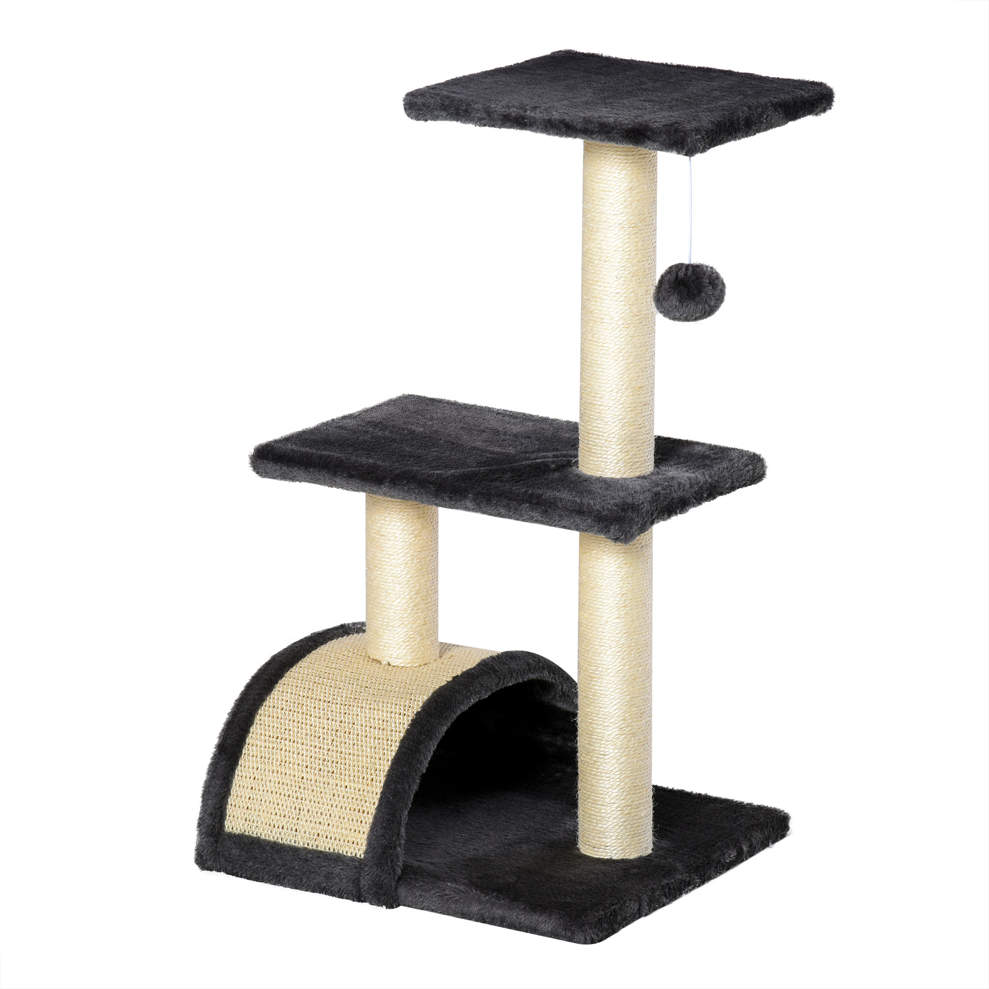 Kratzbaum 72 cm Katzenturm mit Plüschballen, Sisalstämme, Plattform, Kratzbrett mehrstöckiger Katzenkratzbaum, Kletterbaum, für mittelgroße Katzen, Grau