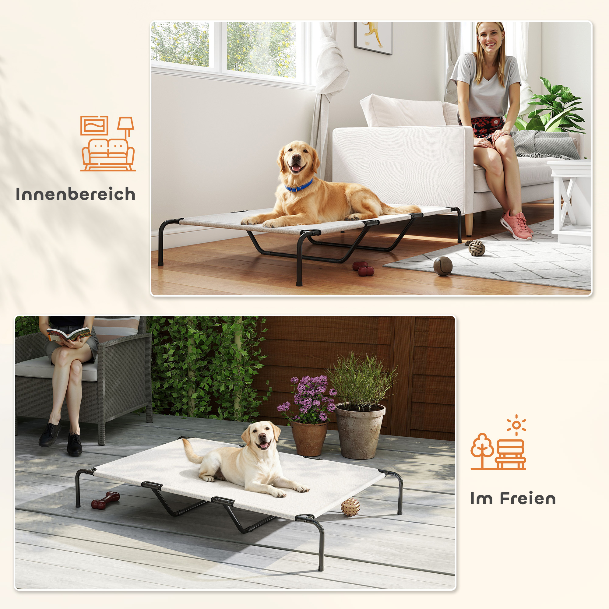 Hundeliege Outdoor, erhöhtes Hundebett für große Hunde, mit Stahlrahmen, atmungsaktiv Netzgewebe, 152x94x23 cm, Beige