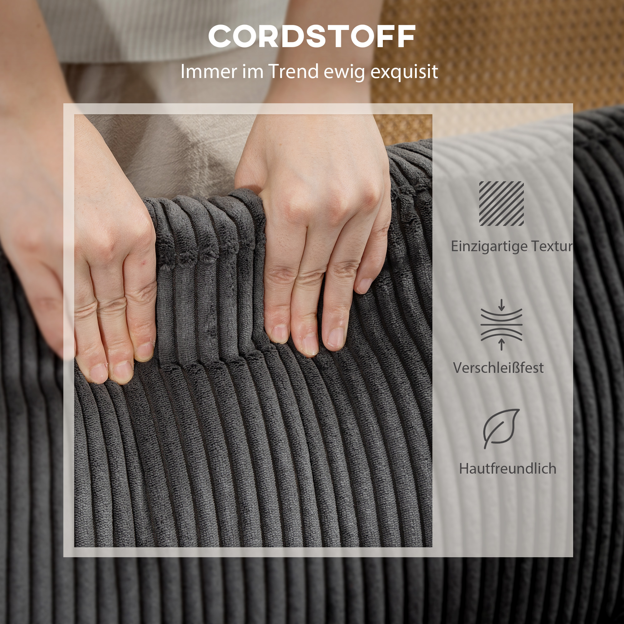 Ecksofa U-Form Sofa Couch mit Federpolsterung gepolsterte Armlehnen beweglicher Ottomane Cord 292x224x85 cm Dunkelgrau