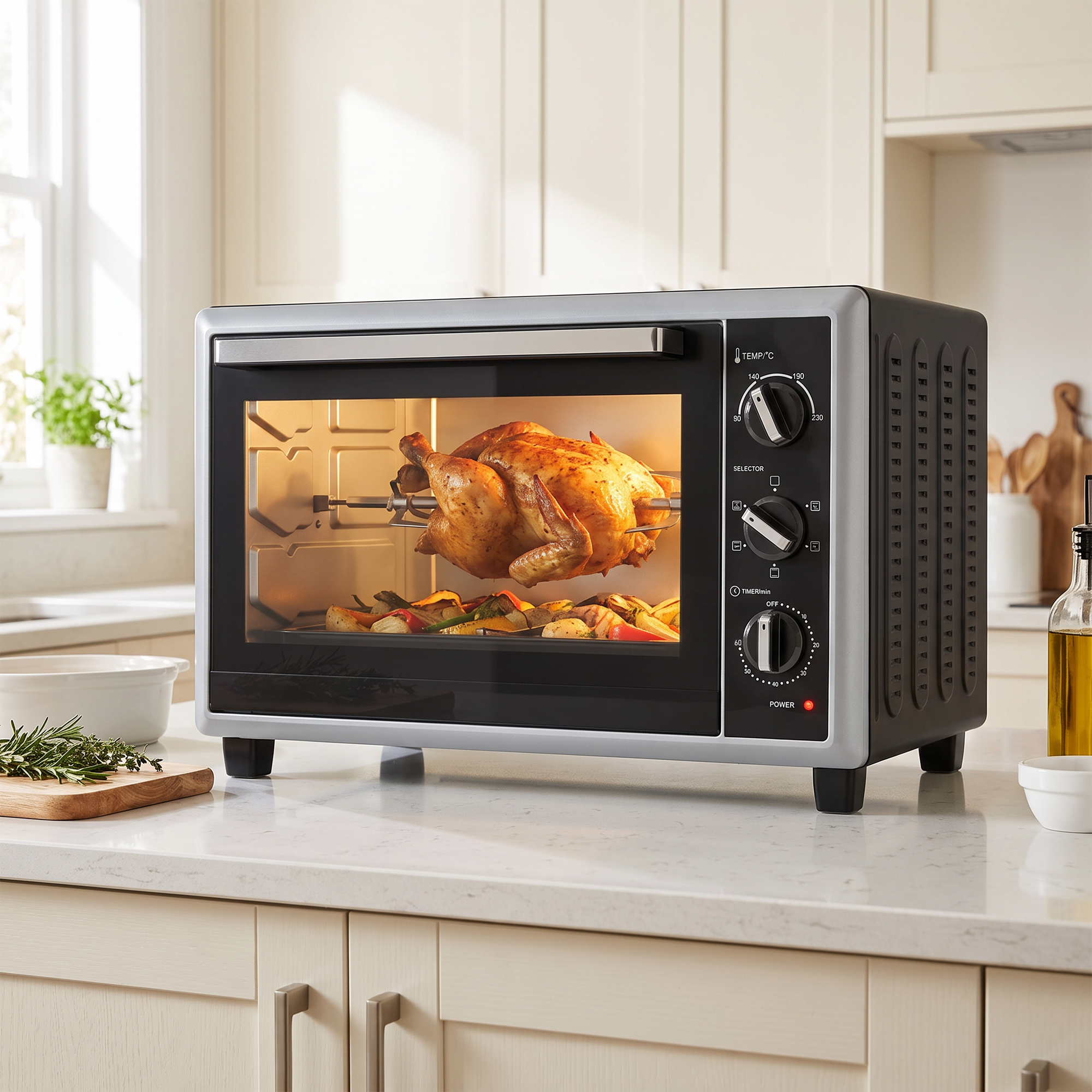 46 L Mini-Backofen mit Drehspieß, Umluft, Temperaturregelung und Timer, 1800 W, Schwarz