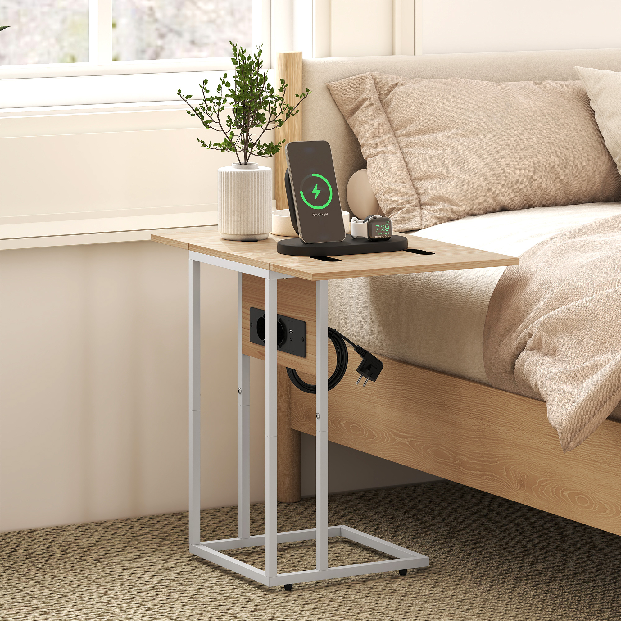 klappbarer Beistelltisch, Ladestation mit USB-Ports, Metall, 39 x 29 x 57 cm, Holzfarben