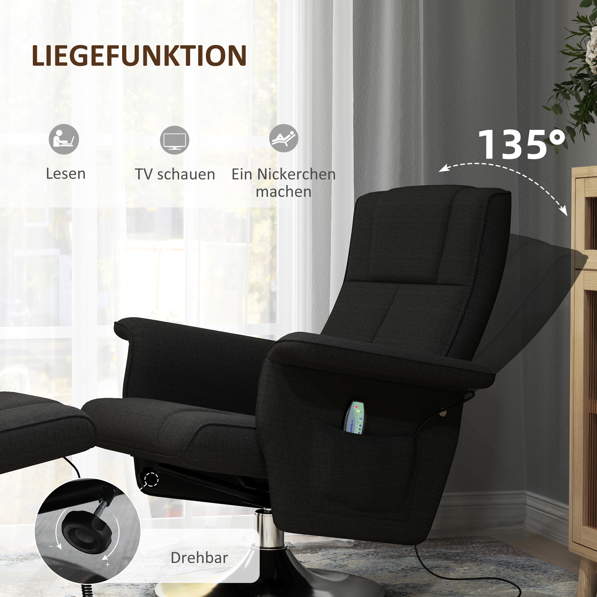 Massagesessel mit Hocker, neigbare Lehne, 78 x 95 x 88 cm, Schwarz