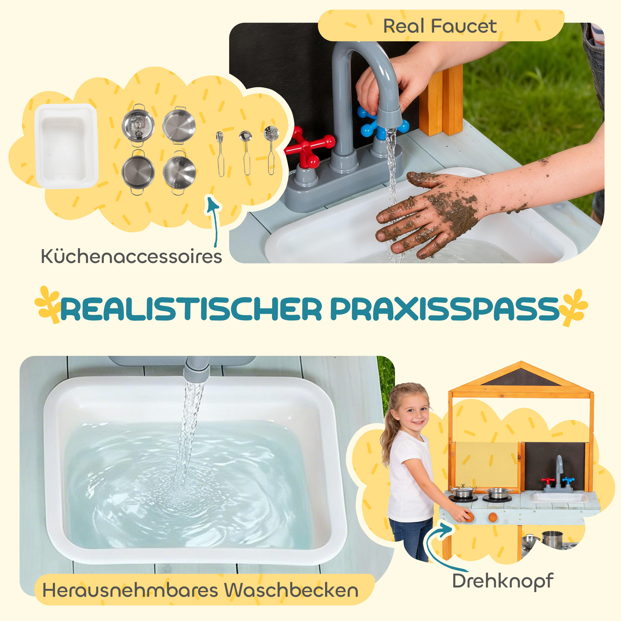 Matschküche Kinder Outdoor Spielküche Holz mit Herd Abnehmbarer Spüle Regalen für Kinder von 3-8 Jahren, Hellblau