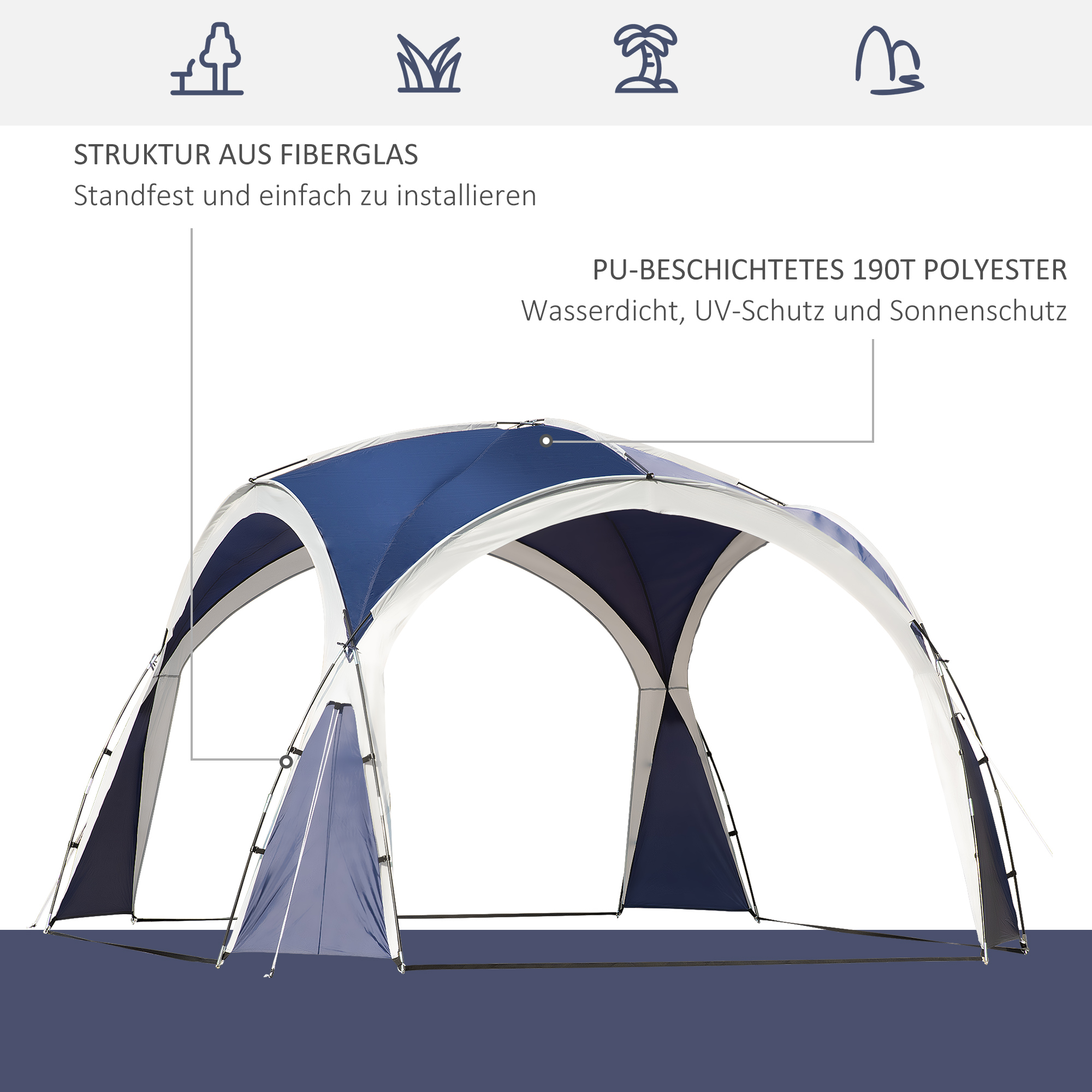 Kuppelzelt für 6-8 Personen, Pavillon, Schutz vor Sonne und Nieselregen, 3,5 x 3,5 x 2,22 m, Blau