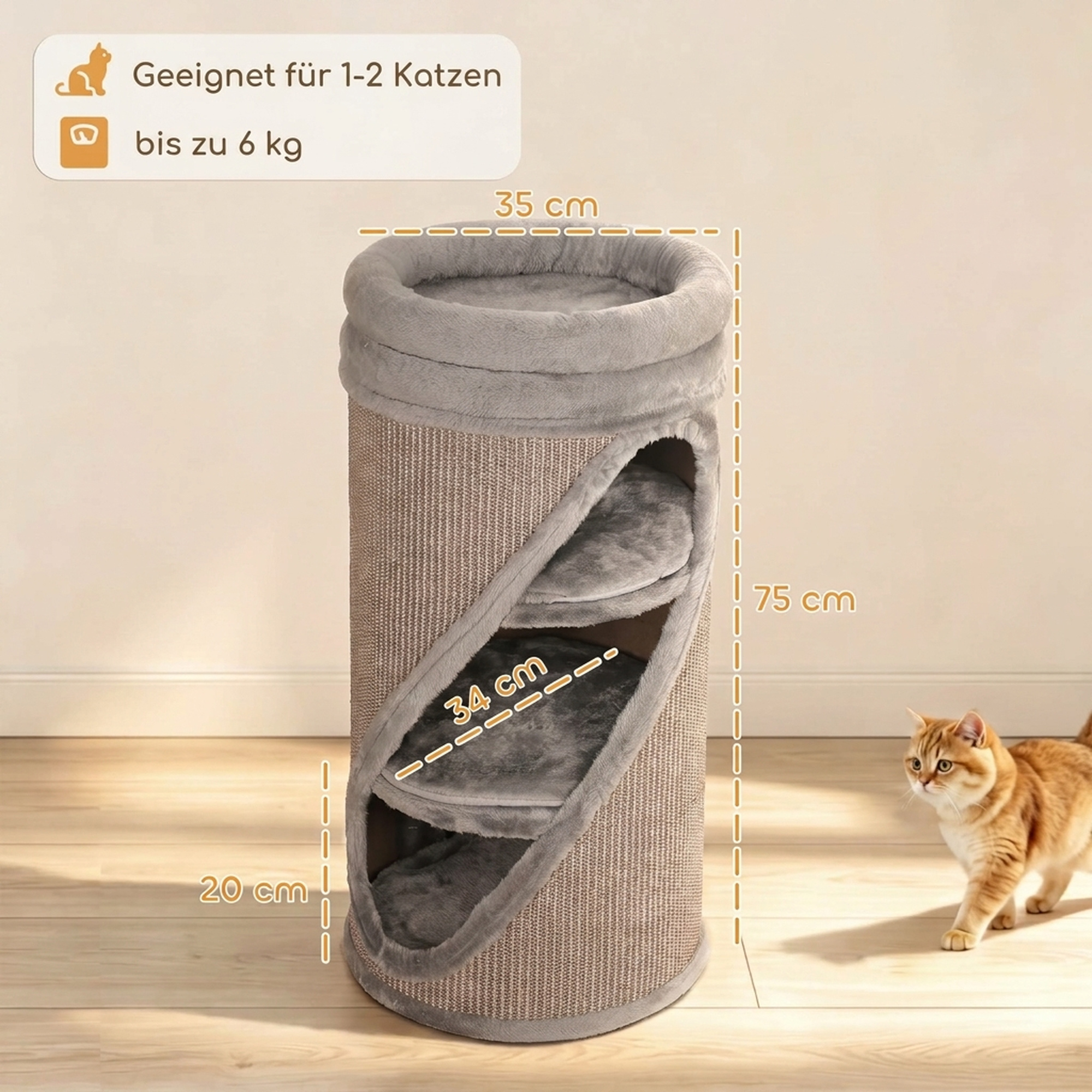 Kratztonne 75 cm Hoch Ø 35 cm 4-Stufige Katzentonne mit 3 Höhlen, abnehmbarem waschbarem Plüschbett Sisal-Kratzfläche