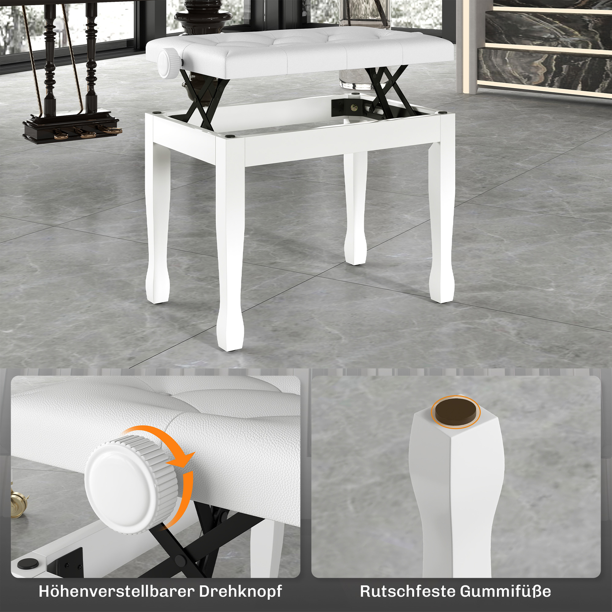 Klavierhocker Höhenverstellbar Klavierbank, Pianobank mit Kunstleder Kissen für Piano Keyboard 64 x 35 x 45-55 cm Weiß