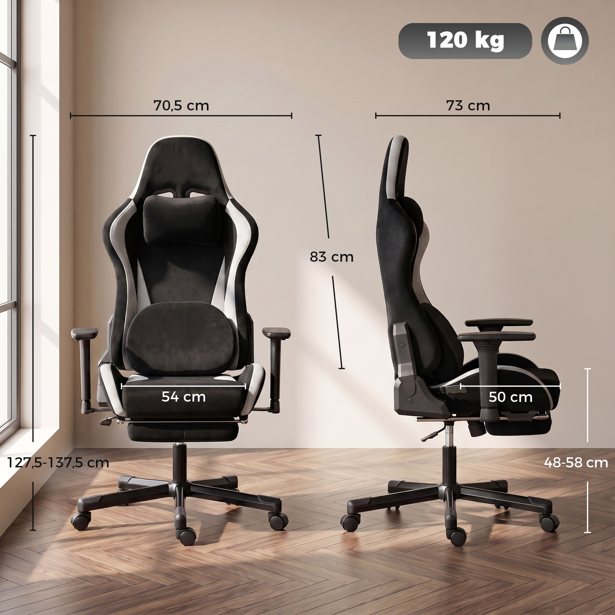 Gaming-Stuhl mit Massage- und beheiztem Lendenkissen, ergonomisch, Leinenoptik, 3D-Armlehnen, Kopfstütze, Schwarz