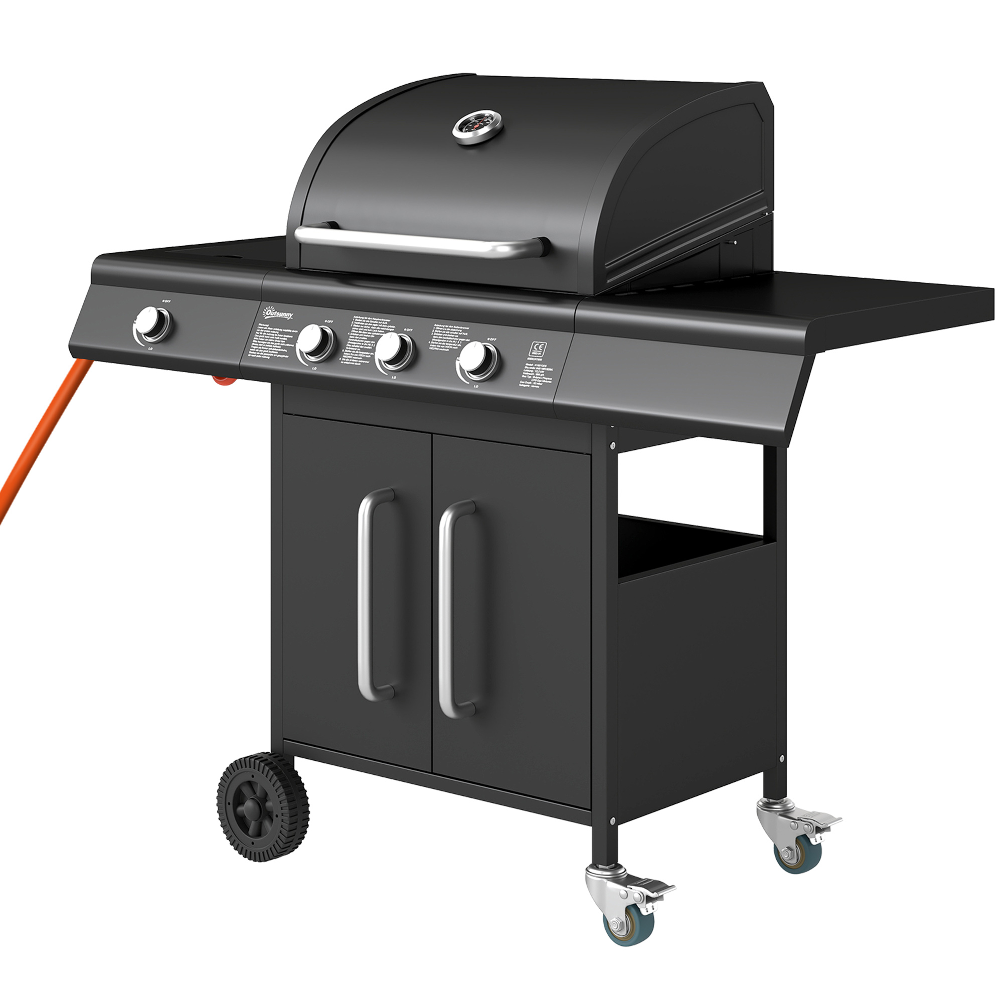 fahrbarer Gasgrill mit Stauraum, Seitentisch, Seitenbrenner, Warmhalterost, Thermometer, Edelstahl, Schwarz
