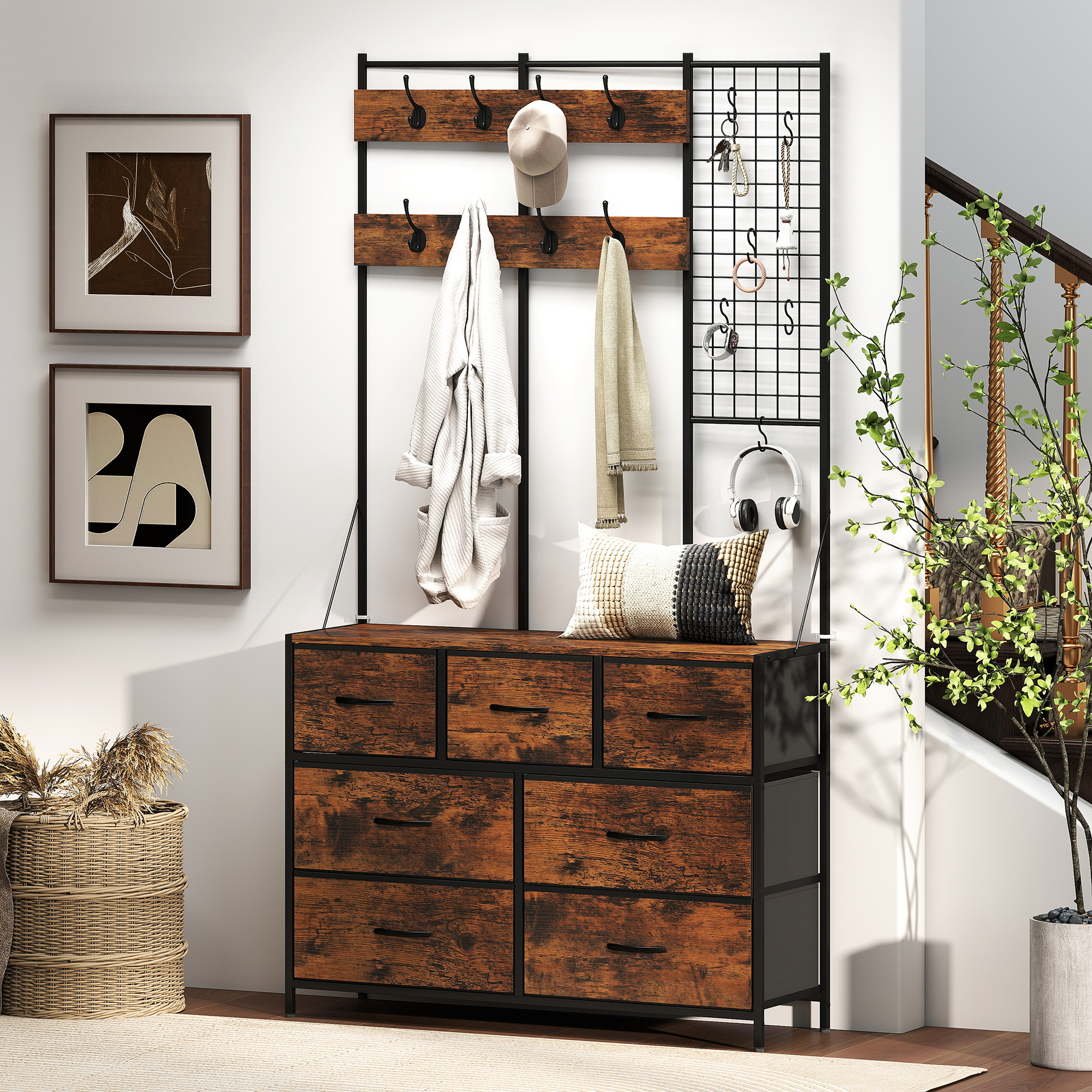 Garderobenständer, Kleiderständer mit Stoff-Schublade, 14 Haken für Flur, Schlafzimmer, Rustikal-Braun, Höhe 183 cm