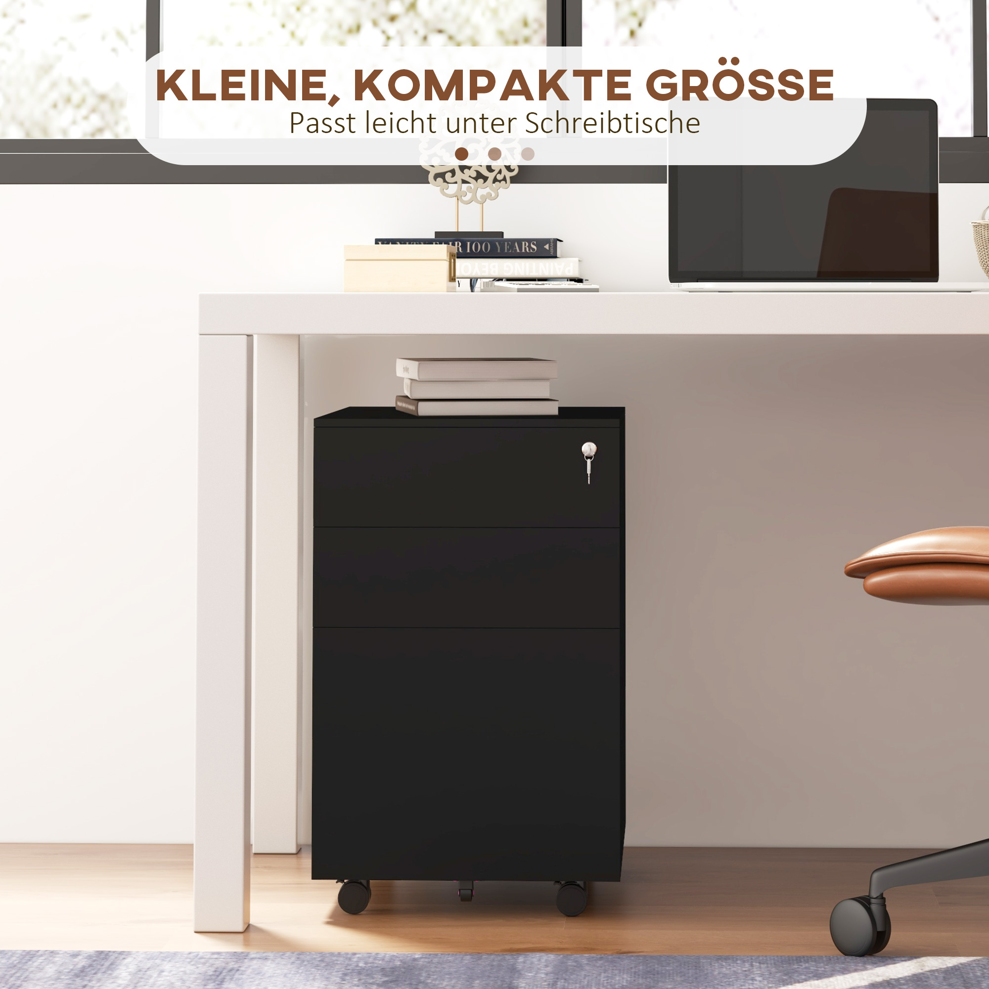 Rollcontainer Aktenschrank, 3 Schubladen, abschließbar, rollbar, 37 cm x 43,5 cm x 60 cm, Schwarz