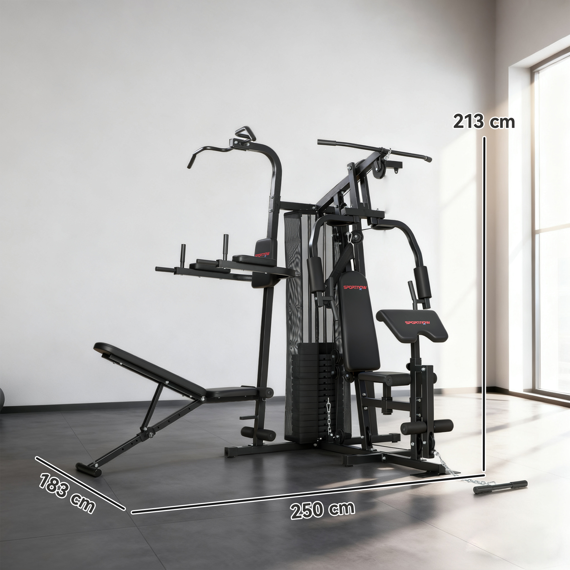 Multifunktions-Trainingsstation, Heimfitness-Maschine für über 10 Übungen, Gewichte, anpassbare Fitnessbank, Schwarz