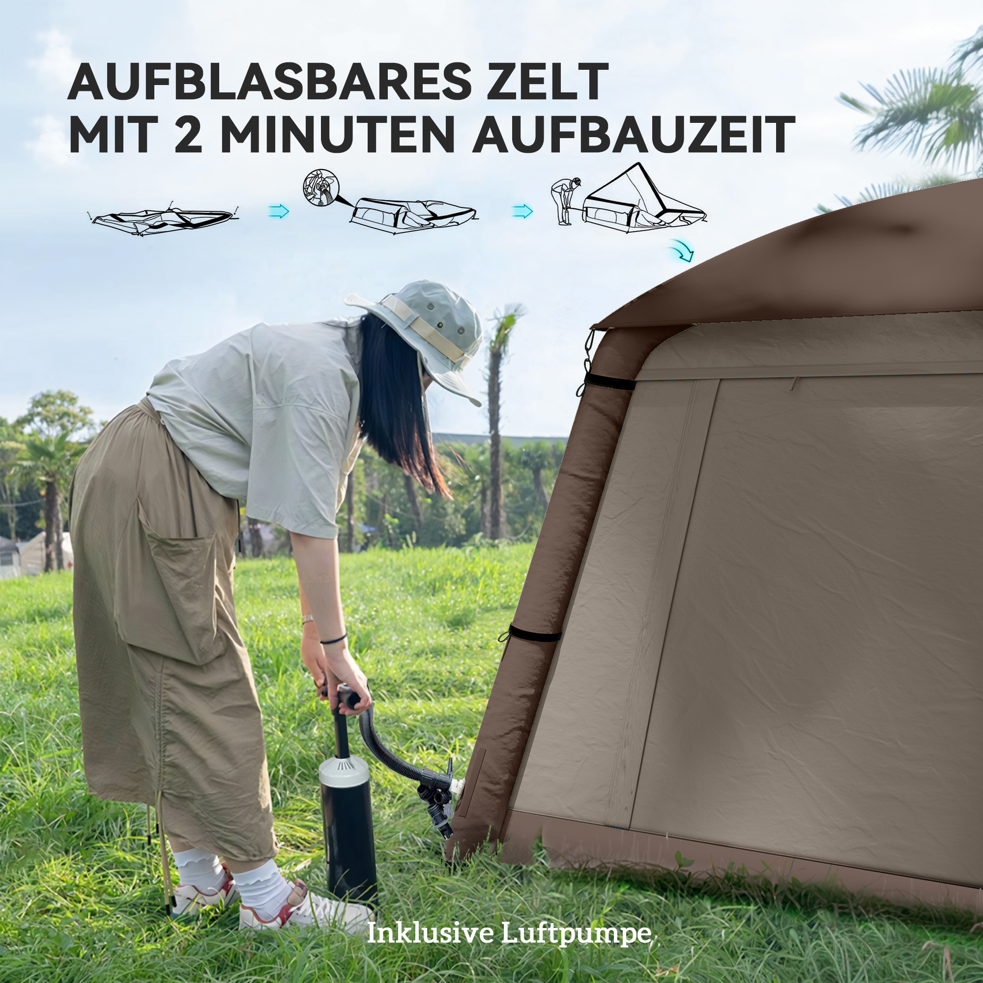 Aufblasbares Campingzelt 1-2 Personen Outdoor Familienzelt mit Haken Luftpumpe Fenstern Türen für 4 Jahreszeiten