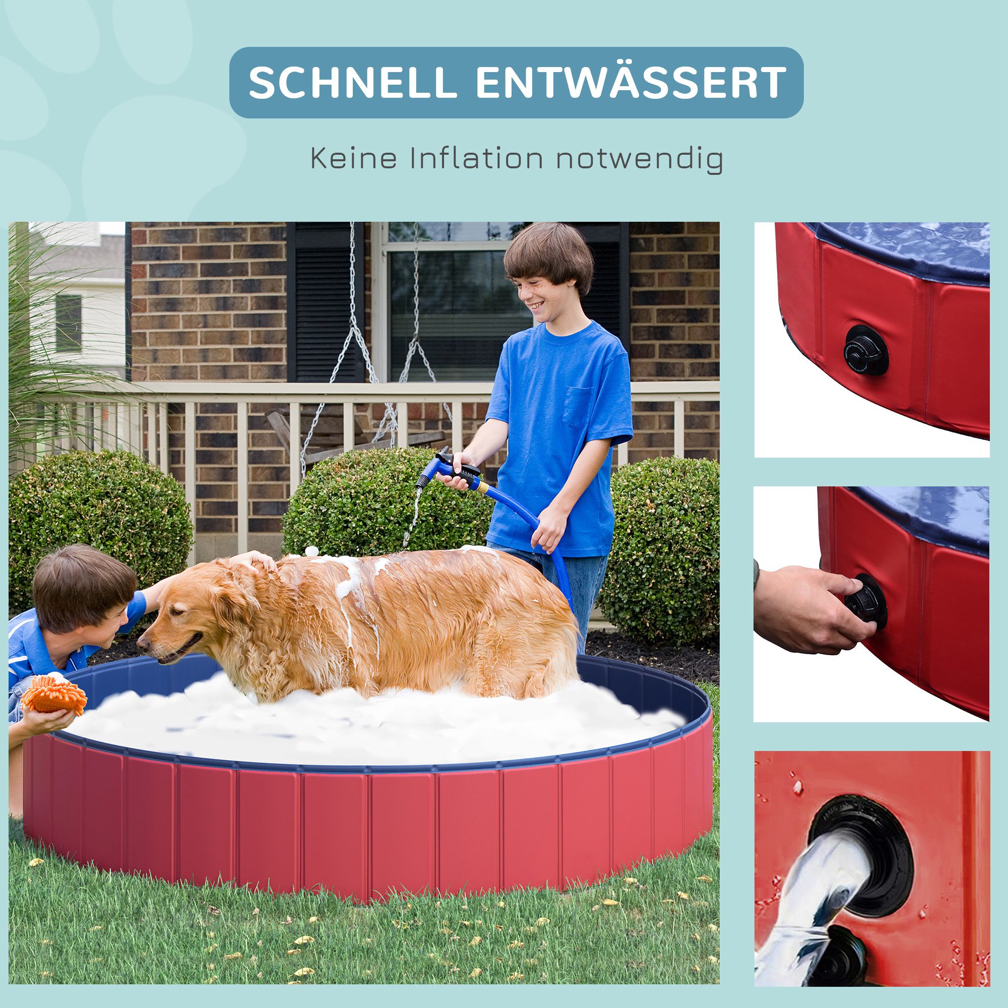 Hundebadewanne faltbar Badewanne Hundepool Plantschbecken Swimmingpool Wasserbecken für Hunde und Katzen Schwimmbecken Kunststoff+Holz Rot Ø160 x 30H cm