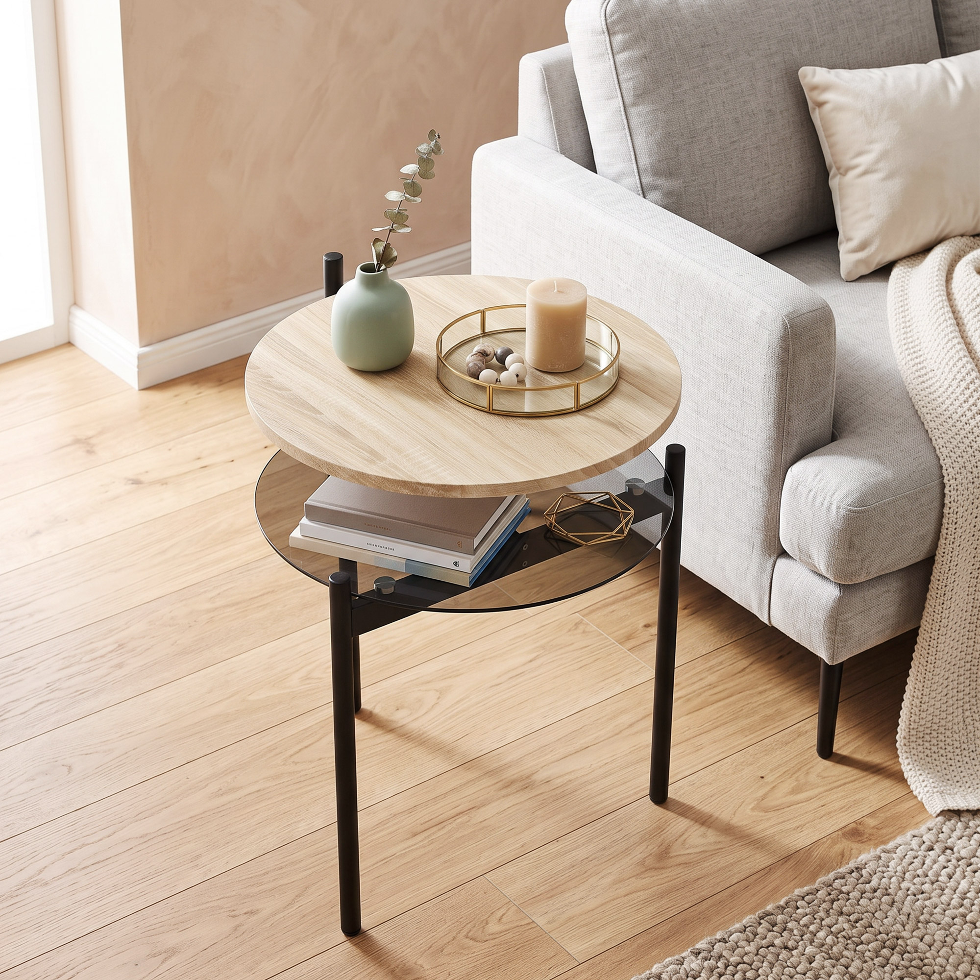 runder Beistelltisch mit offener Glasablage für kleine Räume, Wohnzimmer, Schlafzimmer, 41,8 x 39,8 x 53,5 cm, Eiche