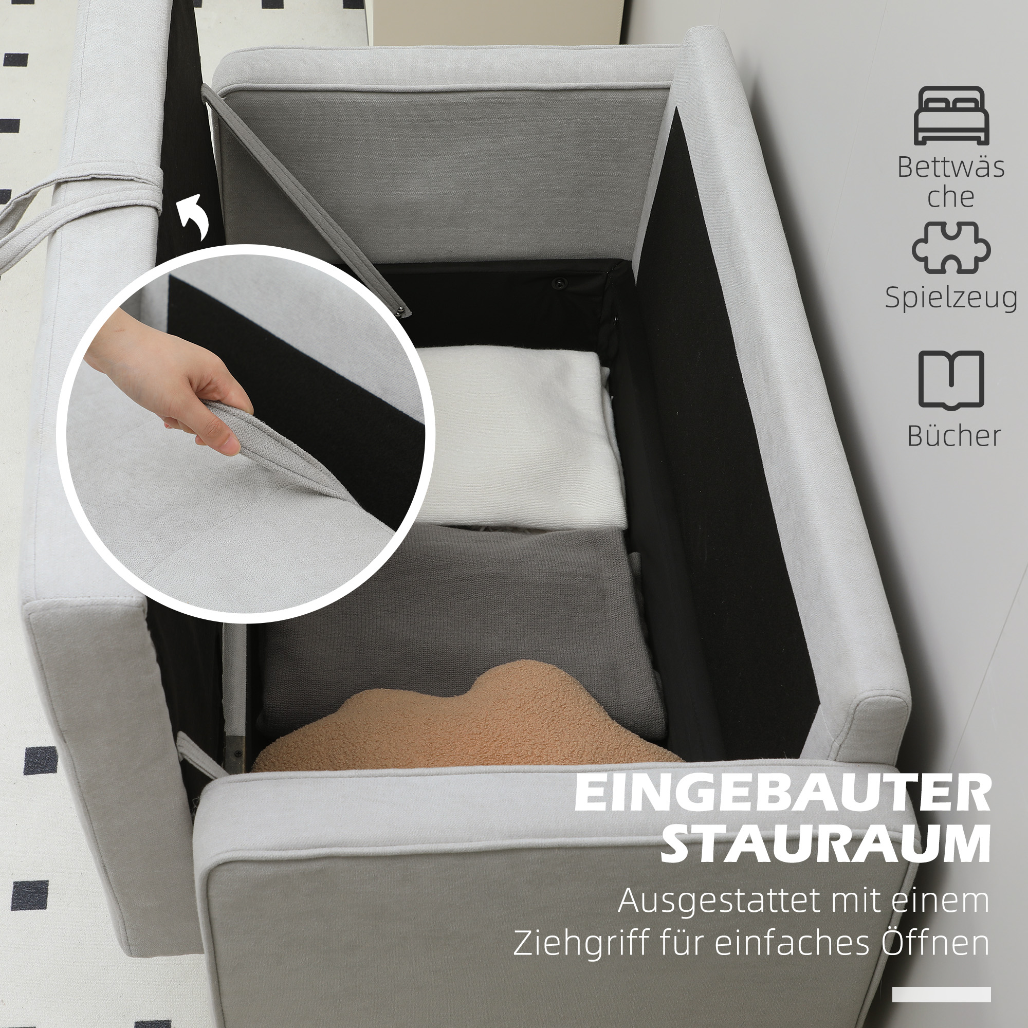 Zweisitzer-Sofa mit Stauraum, Knopfheftung, Kissen, Kautschukbaumholz, 117x62x78cm, Hellgrau