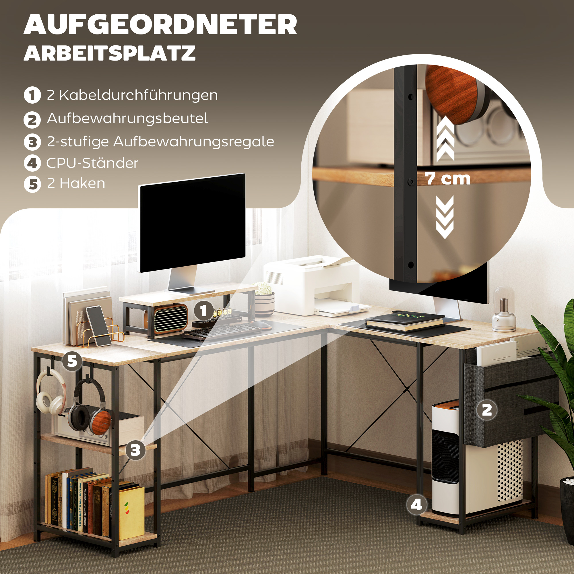 L-förmiger Schreibtisch, Vielseitiger Bürotisch mit einstellbaren Regalen und Aufbewahrungstasche, Monitorständer, Natur